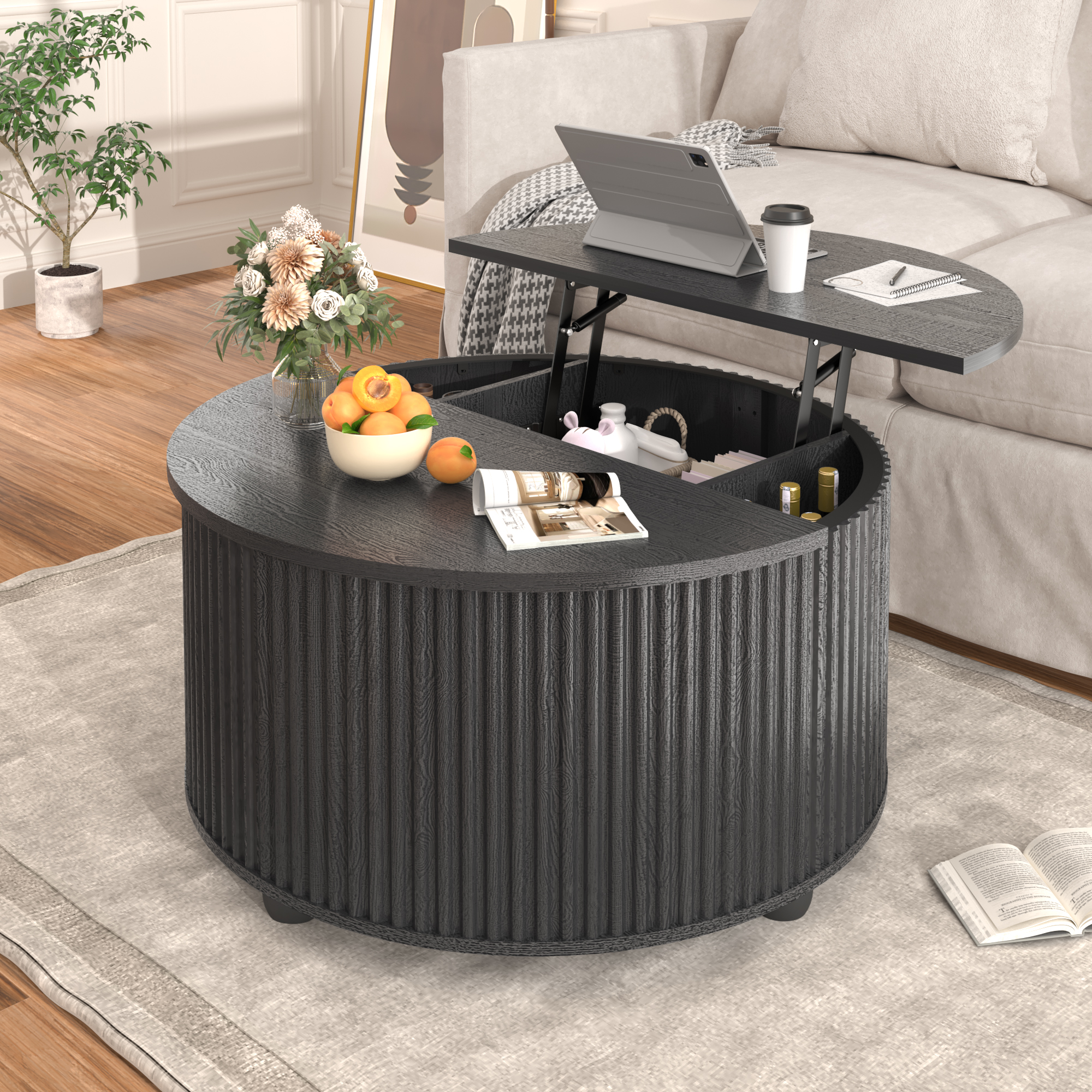 ANPOO Round Lift Top Coffee Table with Storage, 34.6" Fluted Center Table for Living Room, Modern Circle Drum Table, Mid Century Furniture for Small Space