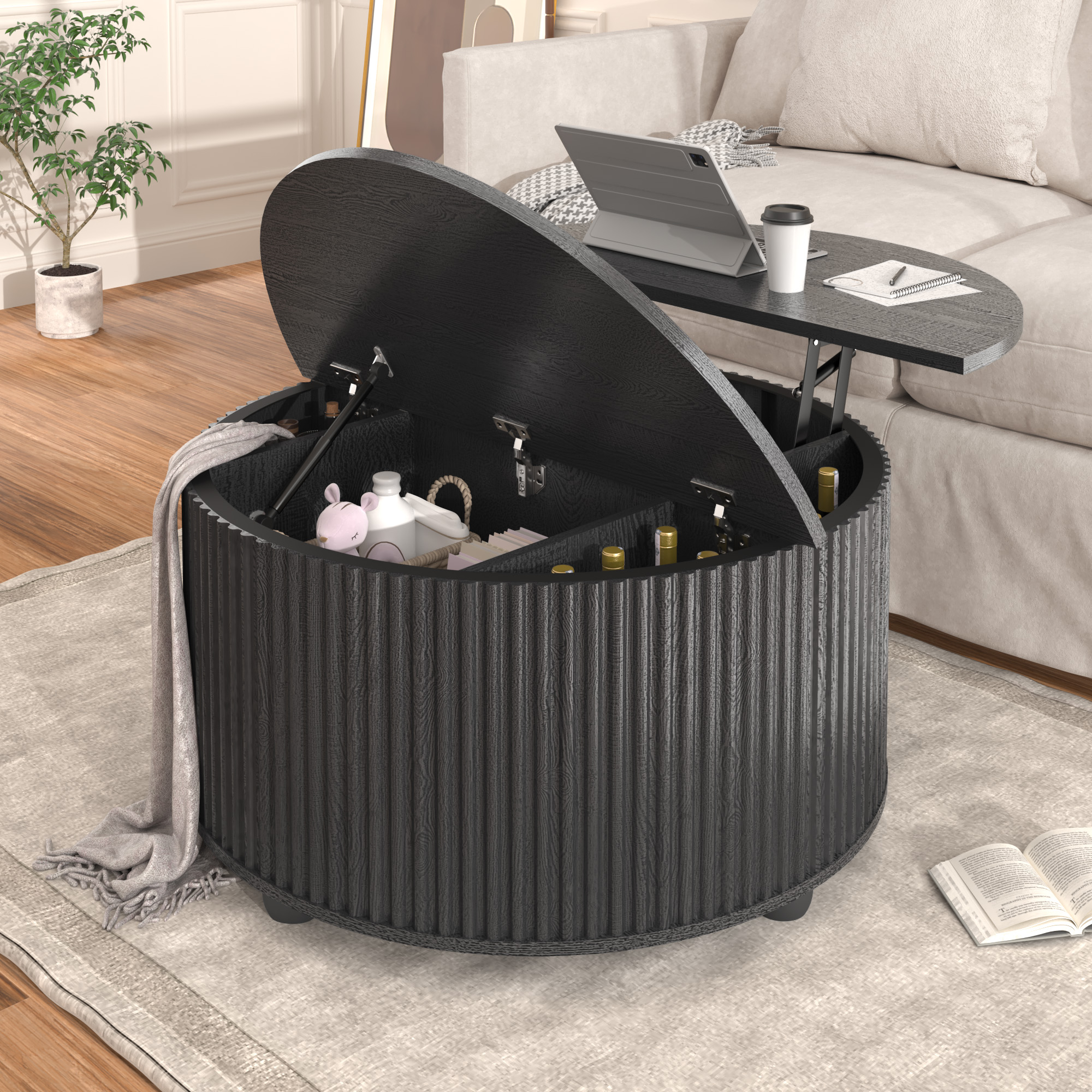 ANPOO Round Lift Top Coffee Table with Storage, 34.6" Fluted Center Table for Living Room, Modern Circle Drum Table, Mid Century Furniture for Small Space