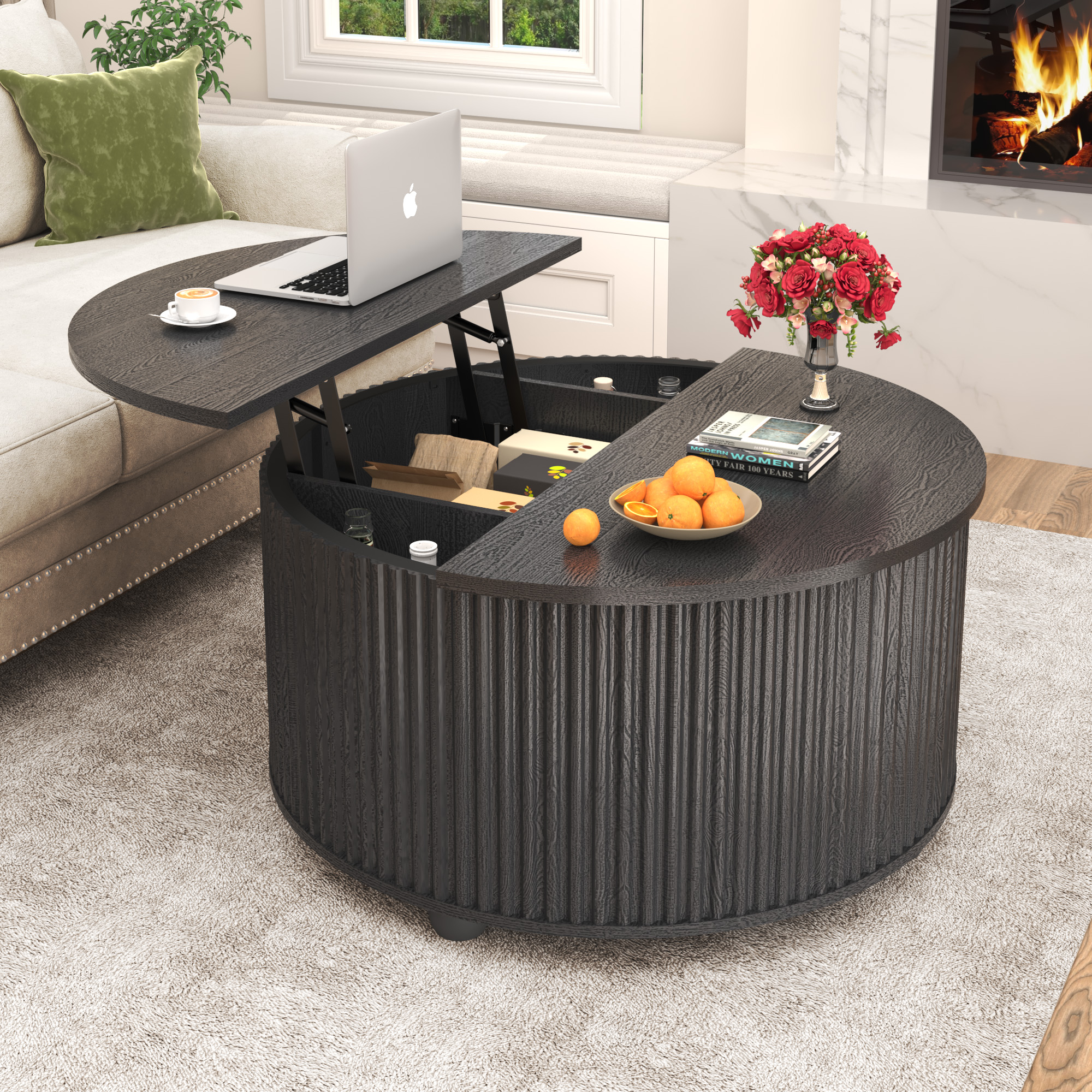 ANPOO Round Lift Top Coffee Table with Storage, 34.6" Fluted Center Table for Living Room, Modern Circle Drum Table, Mid Century Furniture for Small Space