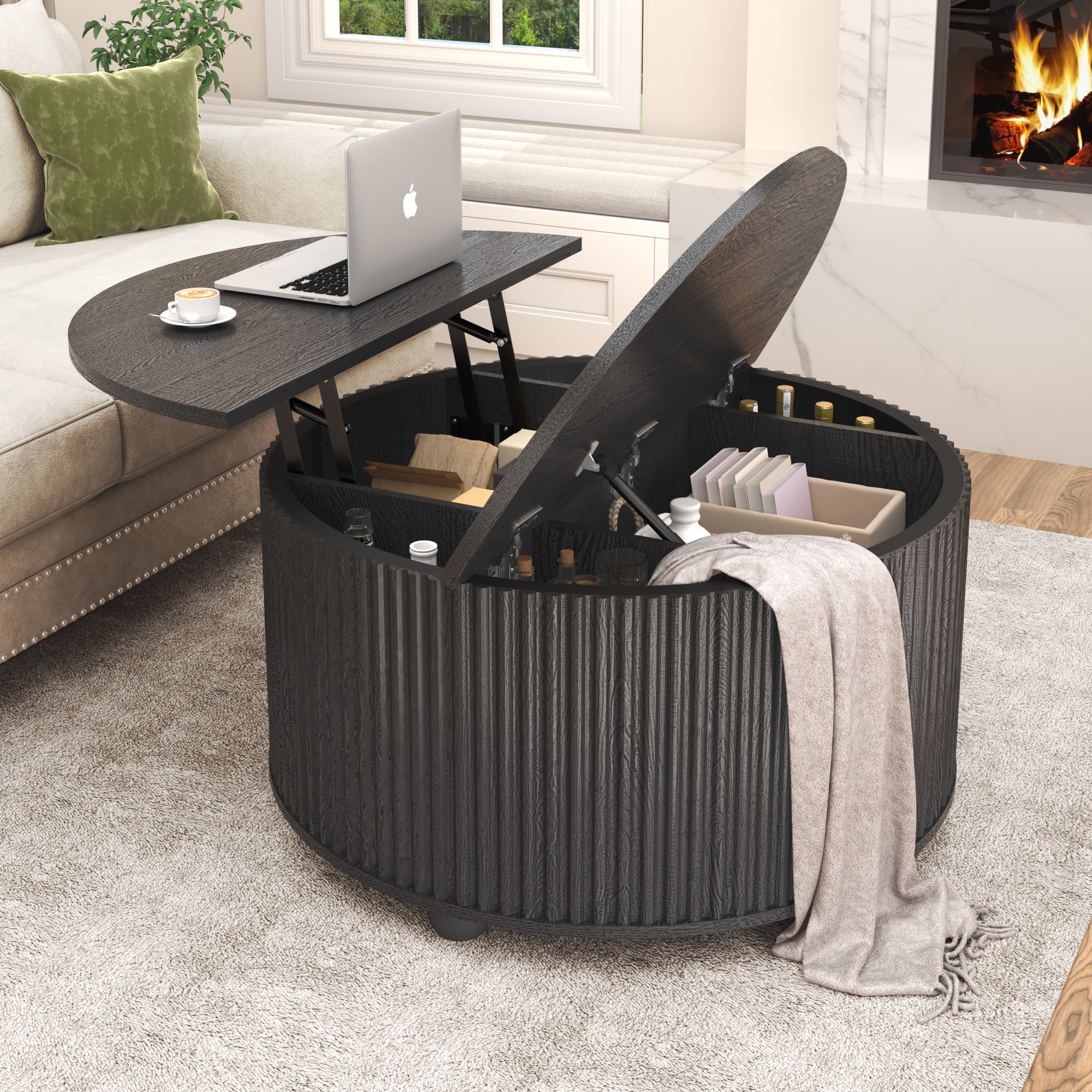 ANPOO Round Lift Top Coffee Table with Storage, 34.6" Fluted Center Table for Living Room, Modern Circle Drum Table, Mid Century Furniture for Small Space