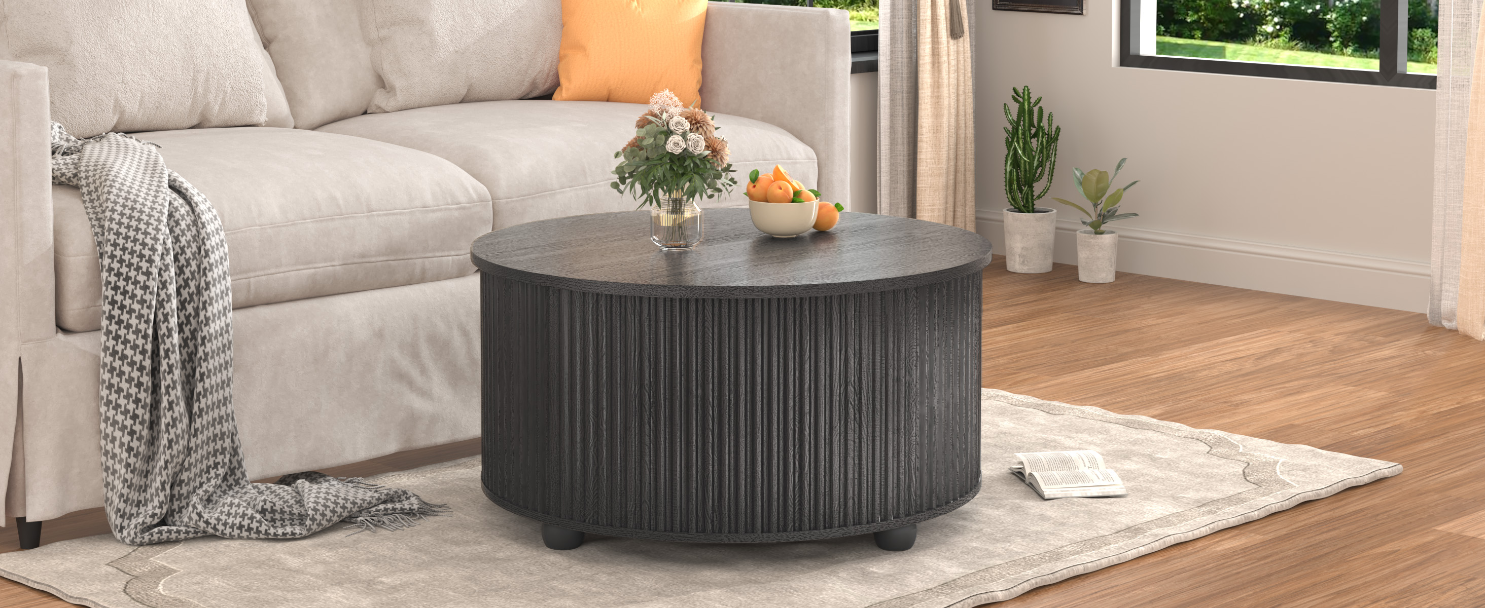 ANPOO Round Lift Top Coffee Table with Storage, 34.6" Fluted Center Table for Living Room, Modern Circle Drum Table, Mid Century Furniture for Small Space