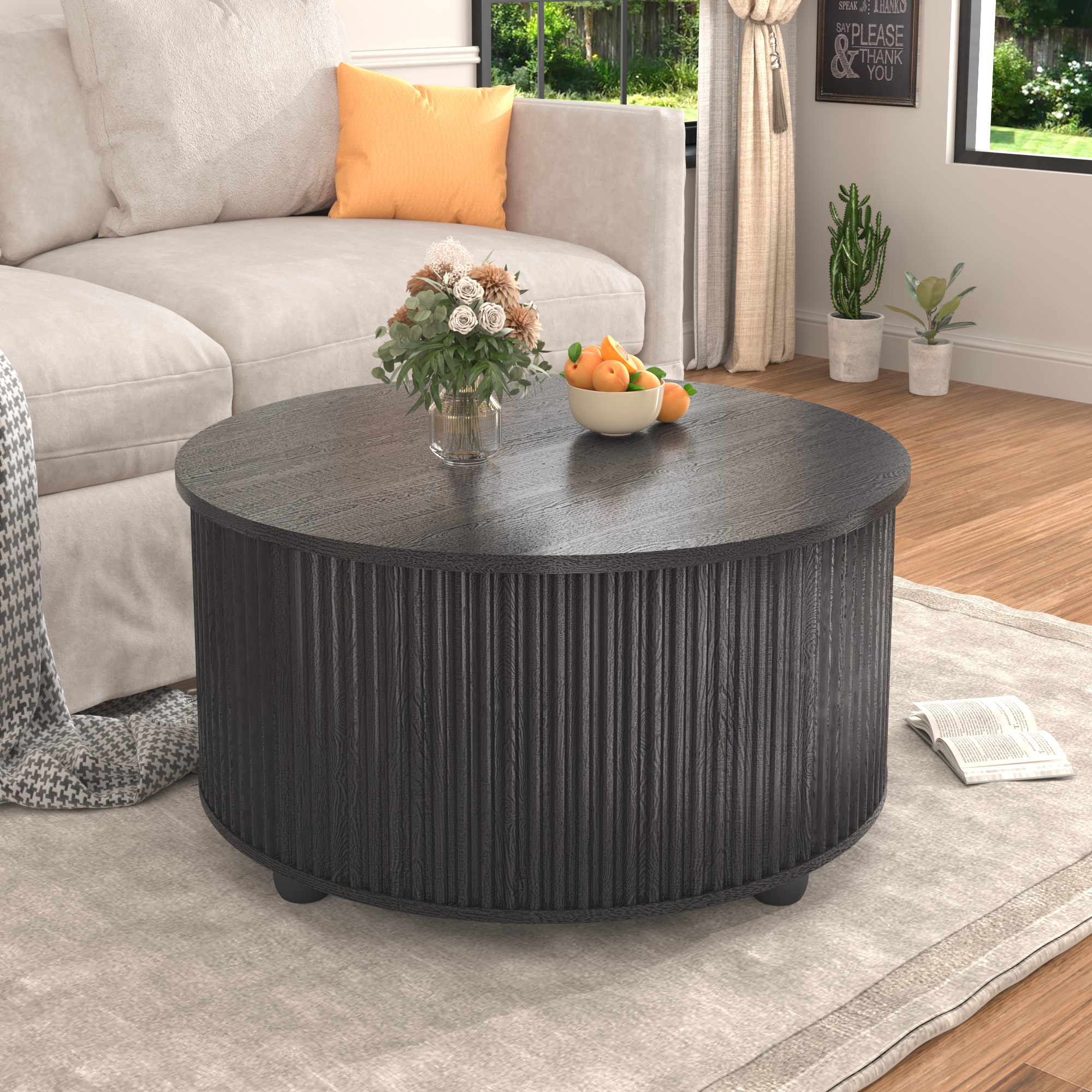 ANPOO Round Lift Top Coffee Table with Storage, 34.6" Fluted Center Table for Living Room, Modern Circle Drum Table, Mid Century Furniture for Small Space