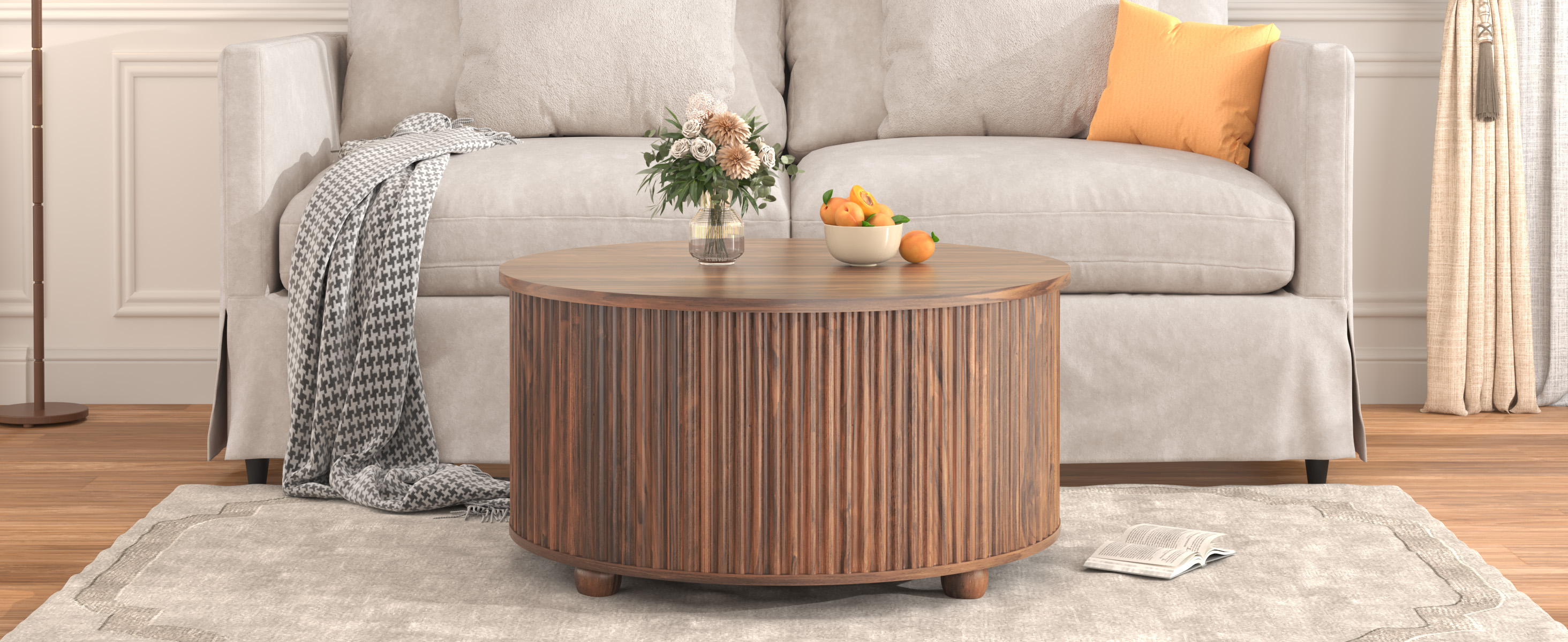 ANPOO Round Lift Top Coffee Table with Storage, 34.6" Fluted Center Table for Living Room, Modern Circle Drum Table, Mid Century Furniture for Small Space