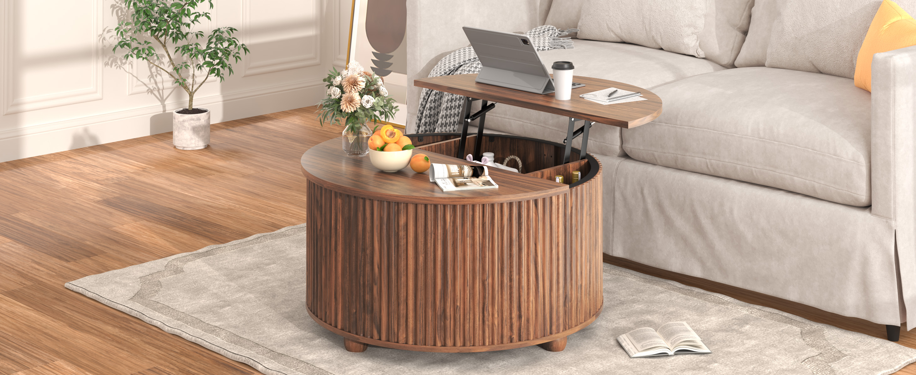 ANPOO Round Lift Top Coffee Table with Storage, 34.6" Fluted Center Table for Living Room, Modern Circle Drum Table, Mid Century Furniture for Small Space