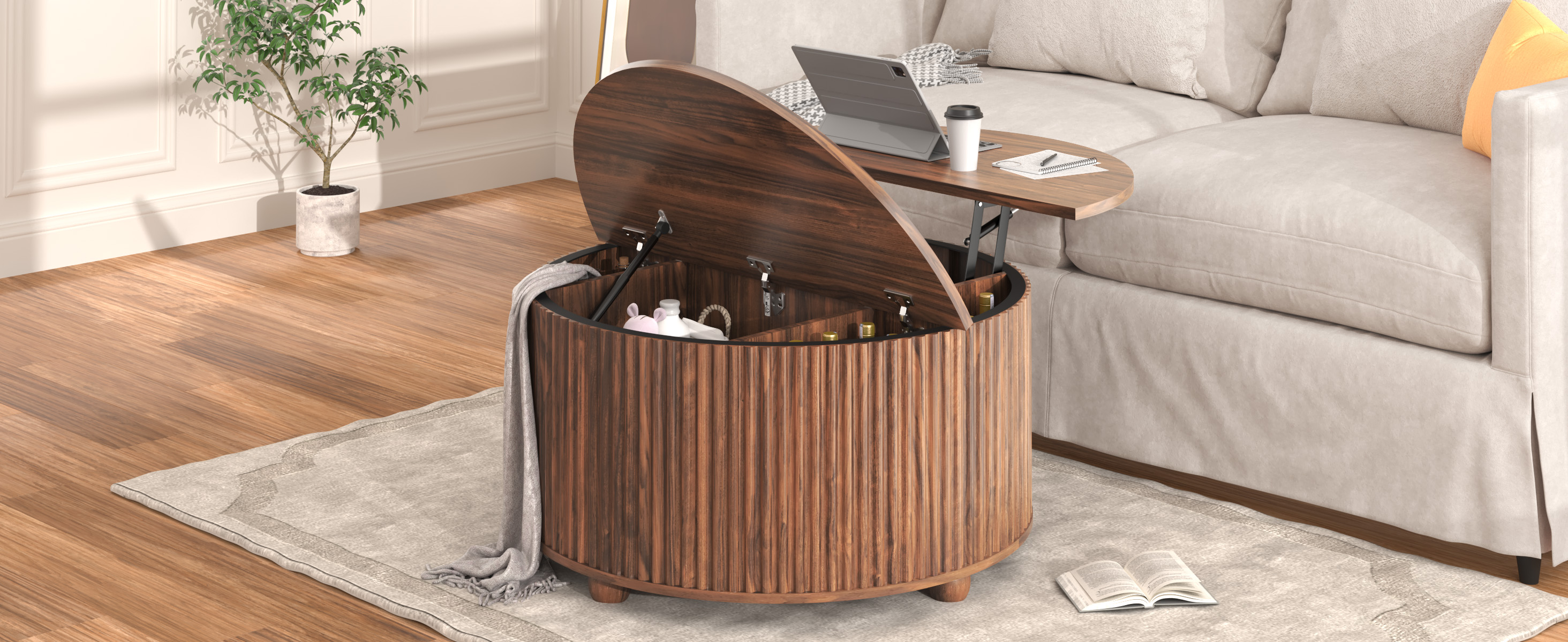 ANPOO Round Lift Top Coffee Table with Storage, 34.6" Fluted Center Table for Living Room, Modern Circle Drum Table, Mid Century Furniture for Small Space