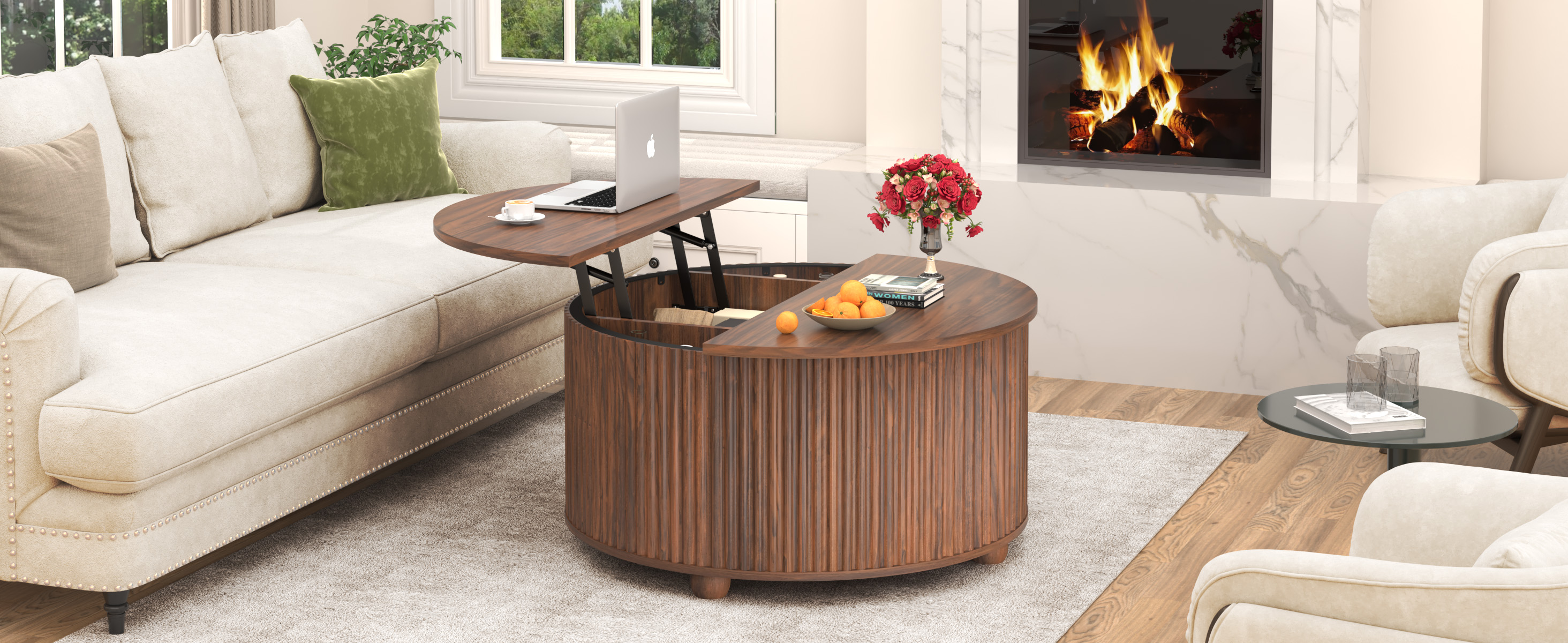 ANPOO Round Lift Top Coffee Table with Storage, 34.6" Fluted Center Table for Living Room, Modern Circle Drum Table, Mid Century Furniture for Small Space