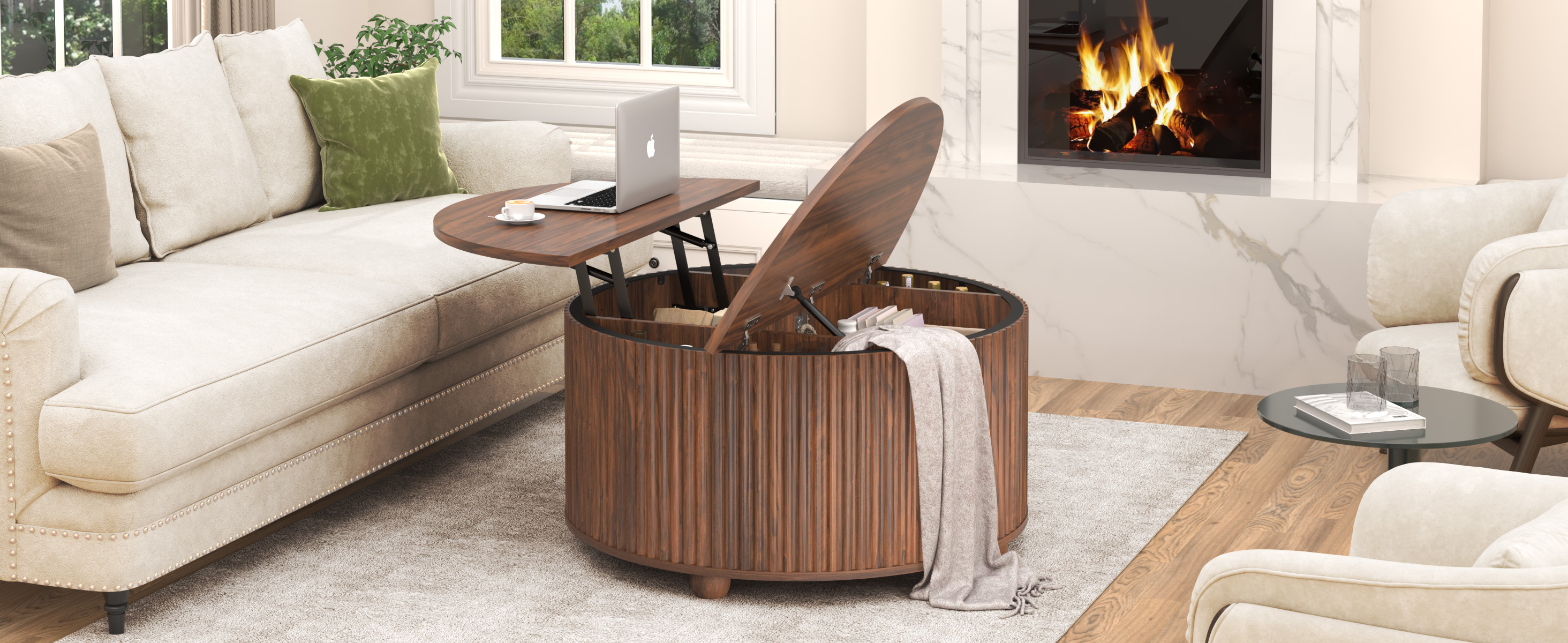 ANPOO Round Lift Top Coffee Table with Storage, 34.6" Fluted Center Table for Living Room, Modern Circle Drum Table, Mid Century Furniture for Small Space