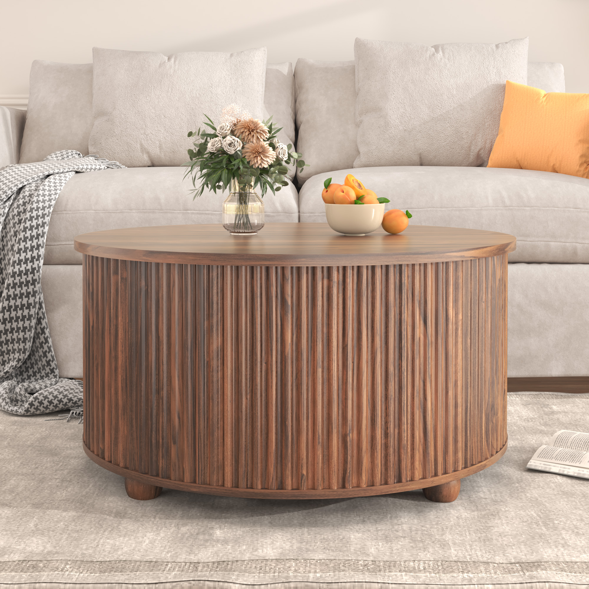 ANPOO Round Lift Top Coffee Table with Storage, 34.6" Fluted Center Table for Living Room, Modern Circle Drum Table, Mid Century Furniture for Small Space