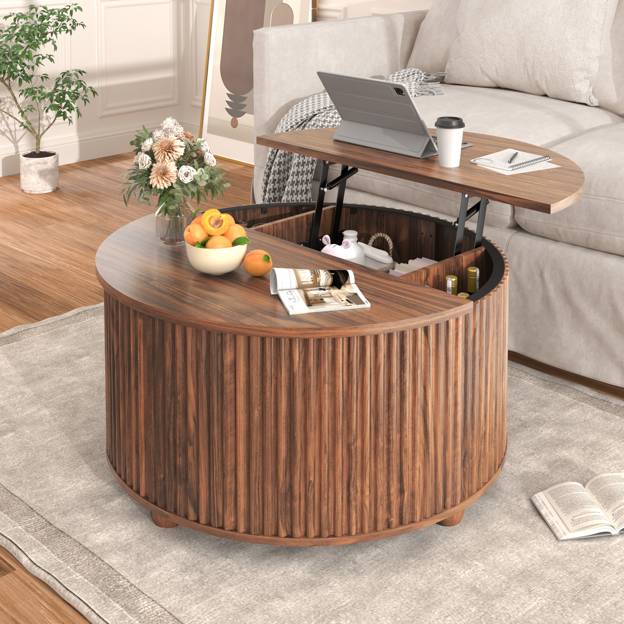 ANPOO Round Lift Top Coffee Table with Storage, 34.6" Fluted Center Table for Living Room, Modern Circle Drum Table, Mid Century Furniture for Small Space