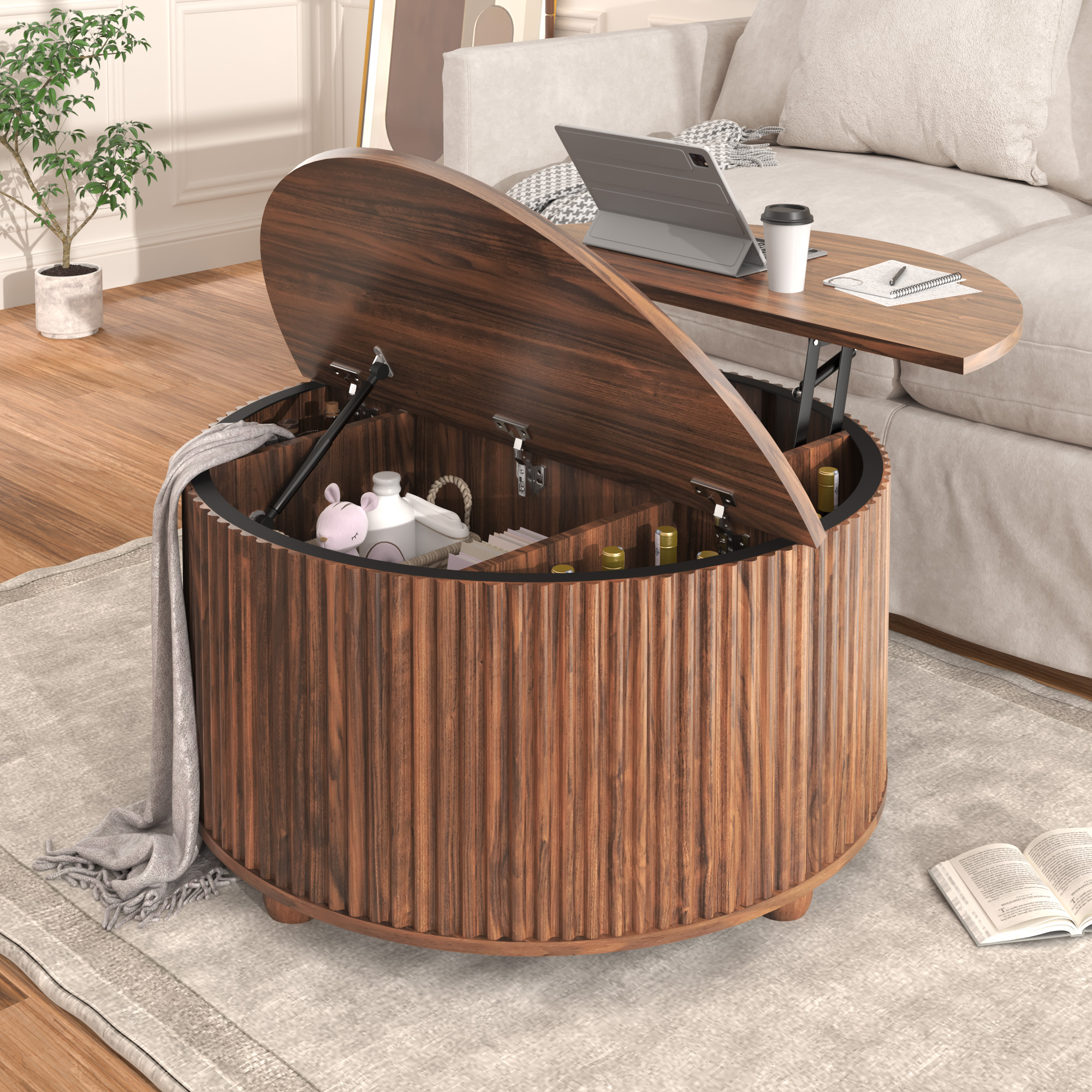 ANPOO Round Lift Top Coffee Table with Storage, 34.6" Fluted Center Table for Living Room, Modern Circle Drum Table, Mid Century Furniture for Small Space