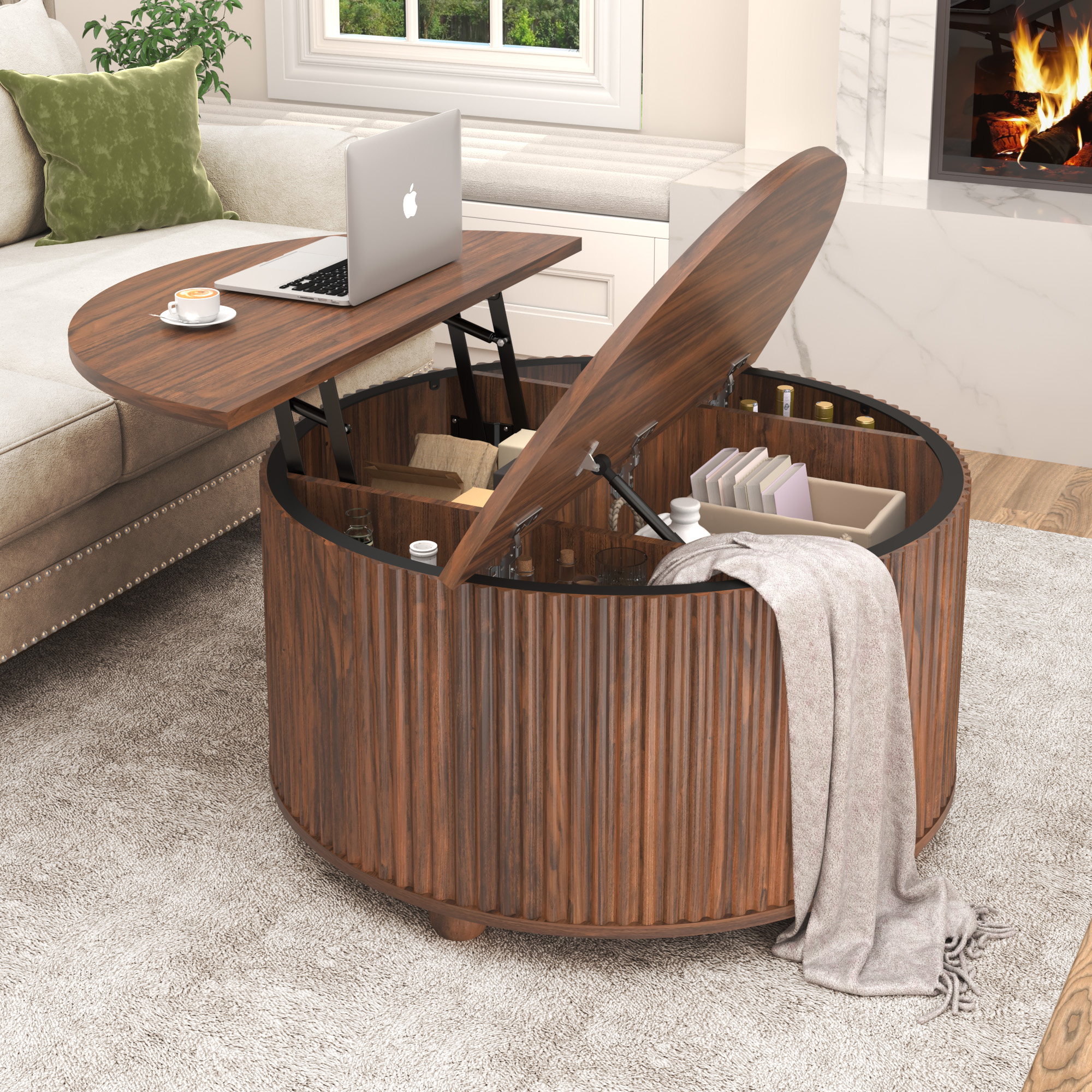ANPOO Round Lift Top Coffee Table with Storage, 34.6" Fluted Center Table for Living Room, Modern Circle Drum Table, Mid Century Furniture for Small Space