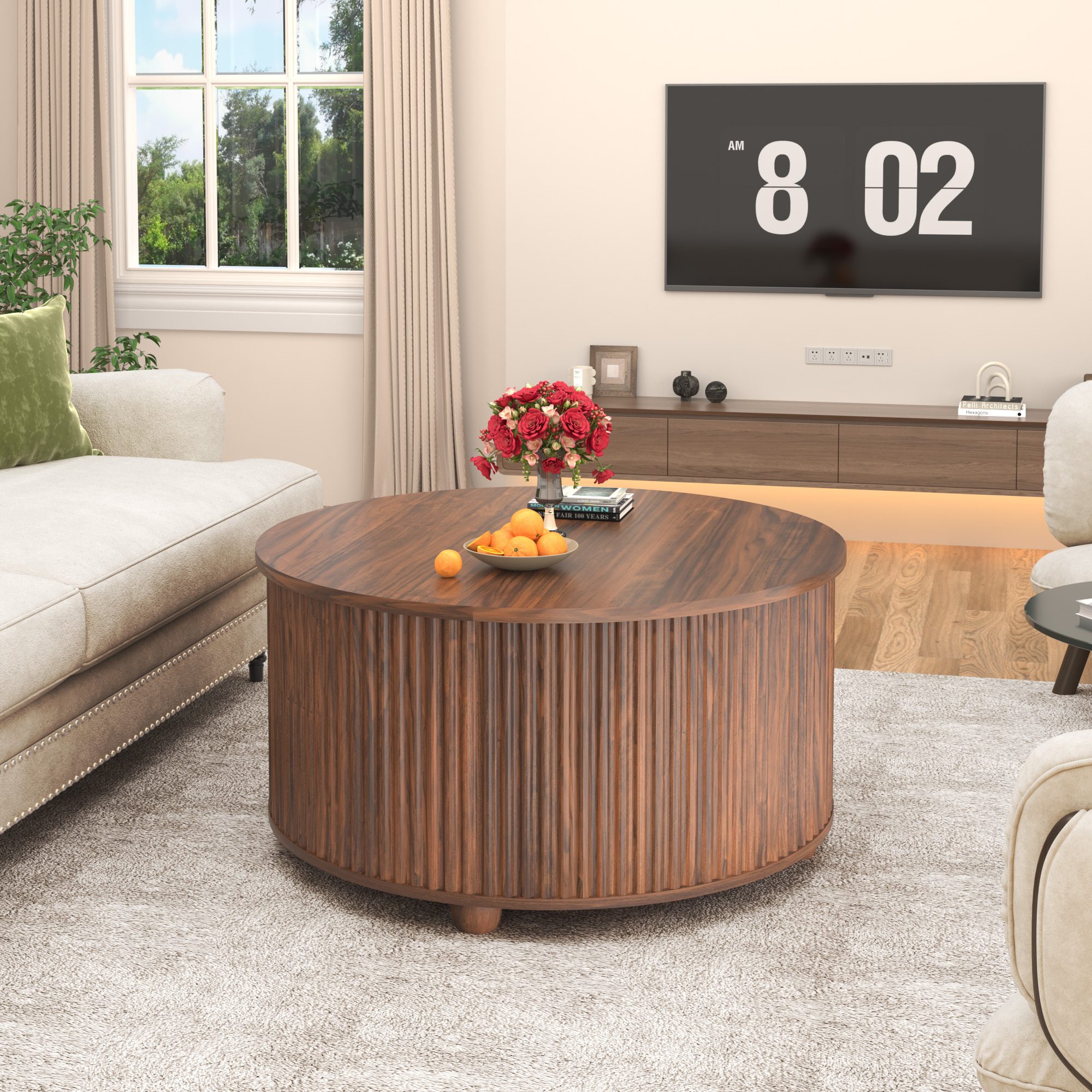 ANPOO Round Lift Top Coffee Table with Storage, 34.6" Fluted Center Table for Living Room, Modern Circle Drum Table, Mid Century Furniture for Small Space