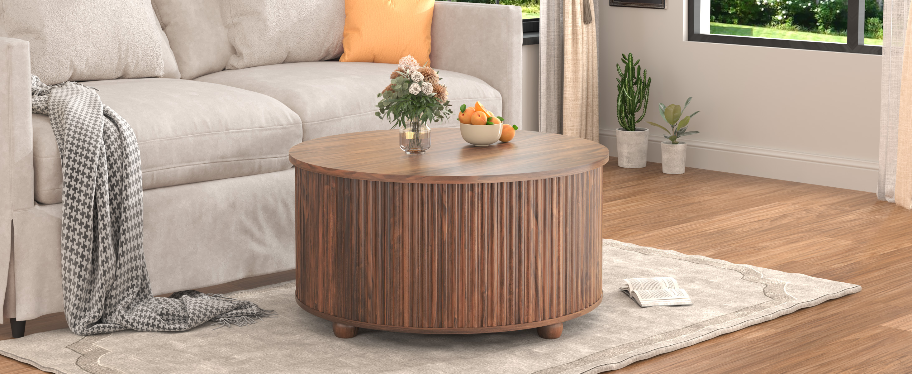 ANPOO Round Lift Top Coffee Table with Storage, 34.6" Fluted Center Table for Living Room, Modern Circle Drum Table, Mid Century Furniture for Small Space