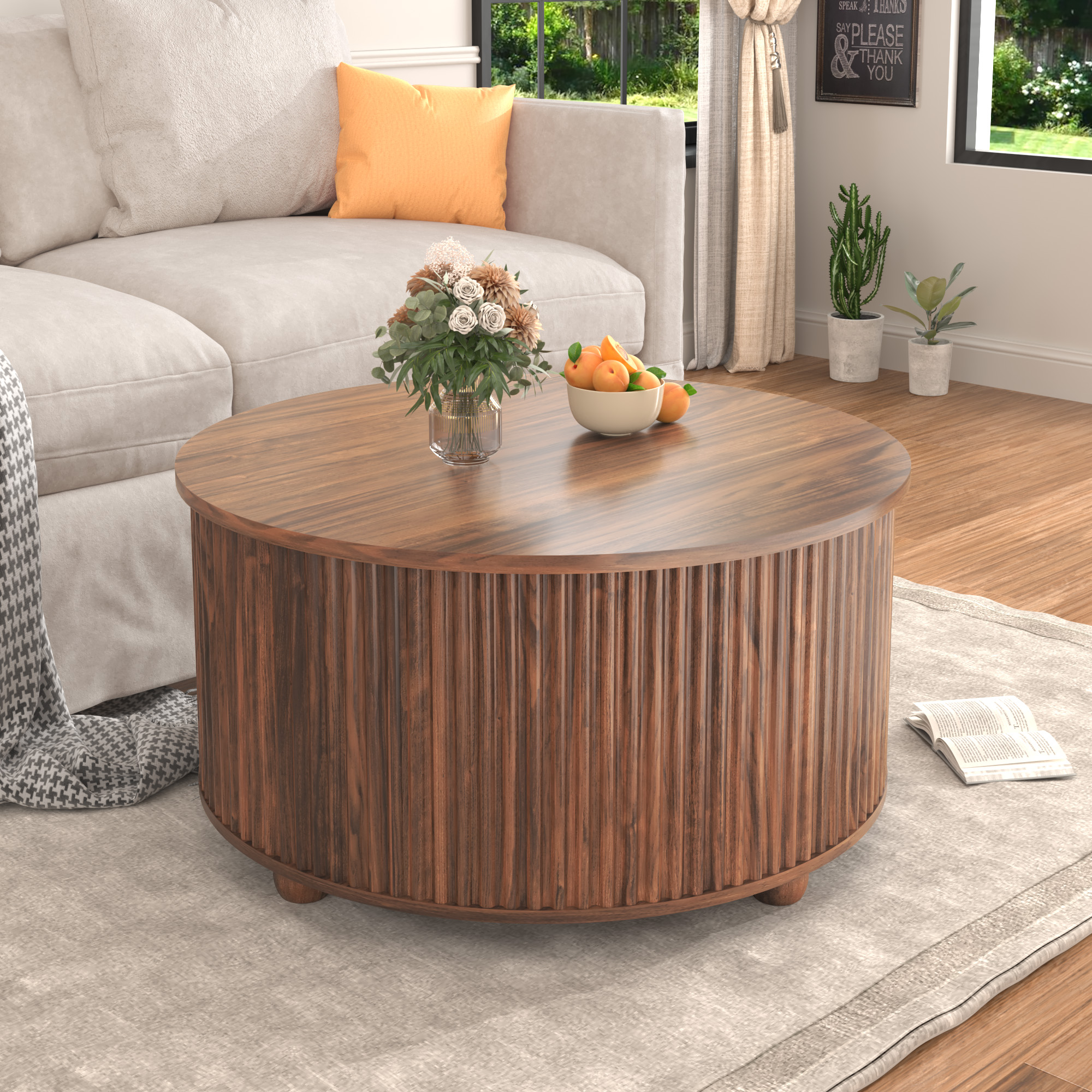 ANPOO Round Lift Top Coffee Table with Storage, 34.6" Fluted Center Table for Living Room, Modern Circle Drum Table, Mid Century Furniture for Small Space