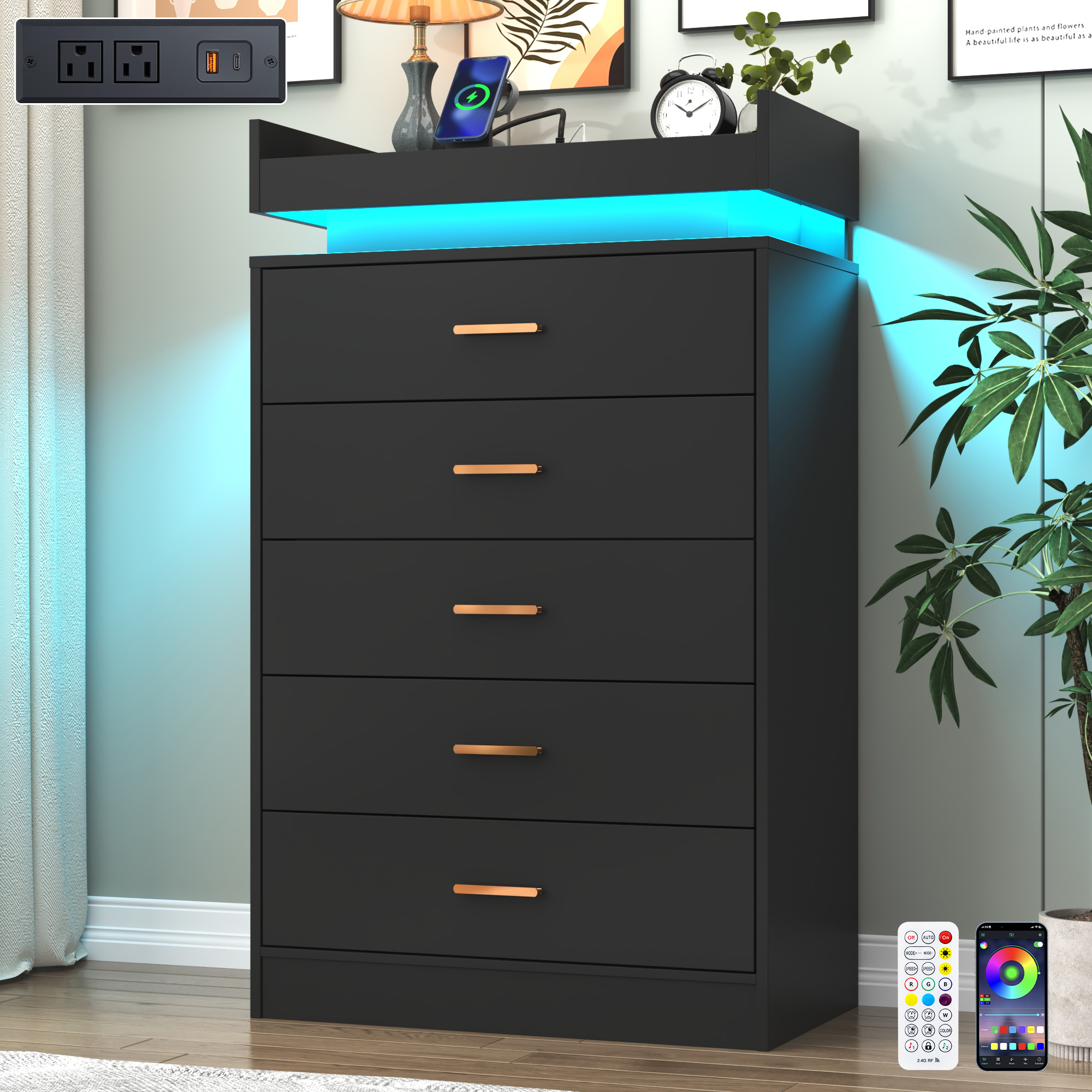 ChVans 5 Drawer Dresser with LED Lights and Charging Station, 45.5" Tall wood Chest of Drawers and Metal Handles, 5 drawers dresser for bedroom, Living Room, Entryway, Hallway