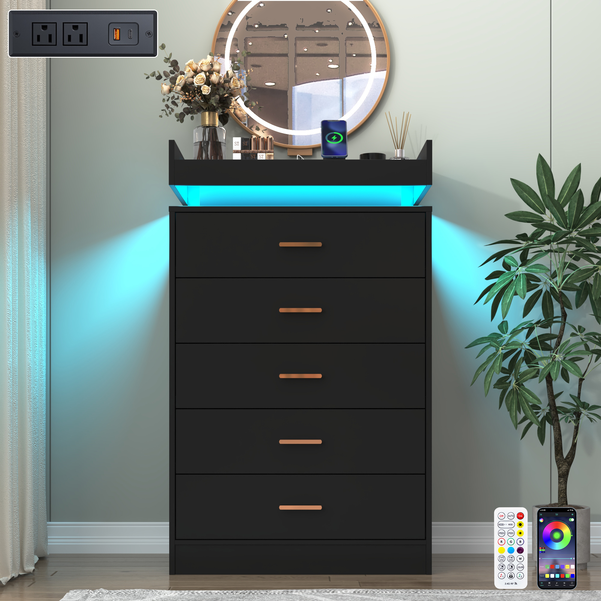 ChVans 5 Drawer Dresser with LED Lights and Charging Station, 45.5" Tall wood Chest of Drawers and Metal Handles, 5 drawers dresser for bedroom, Living Room, Entryway, Hallway