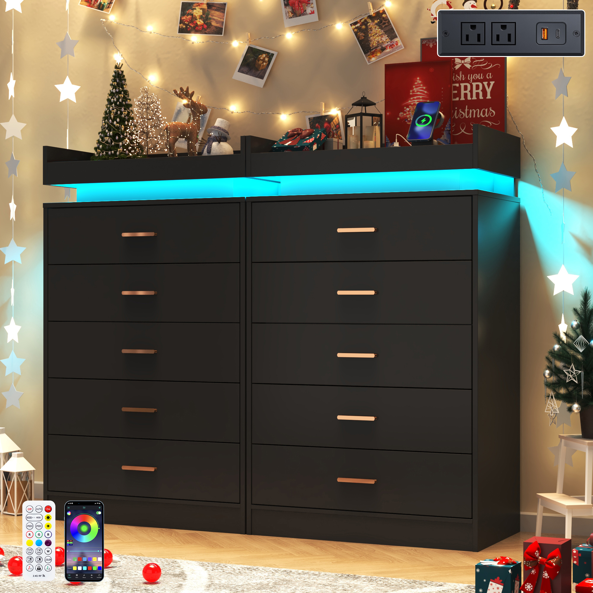 ChVans 5 Drawer Dresser with LED Lights and Charging Station, 45.5" Tall wood Chest of Drawers and Metal Handles, 5 drawers dresser for bedroom, Living Room, Entryway, Hallway