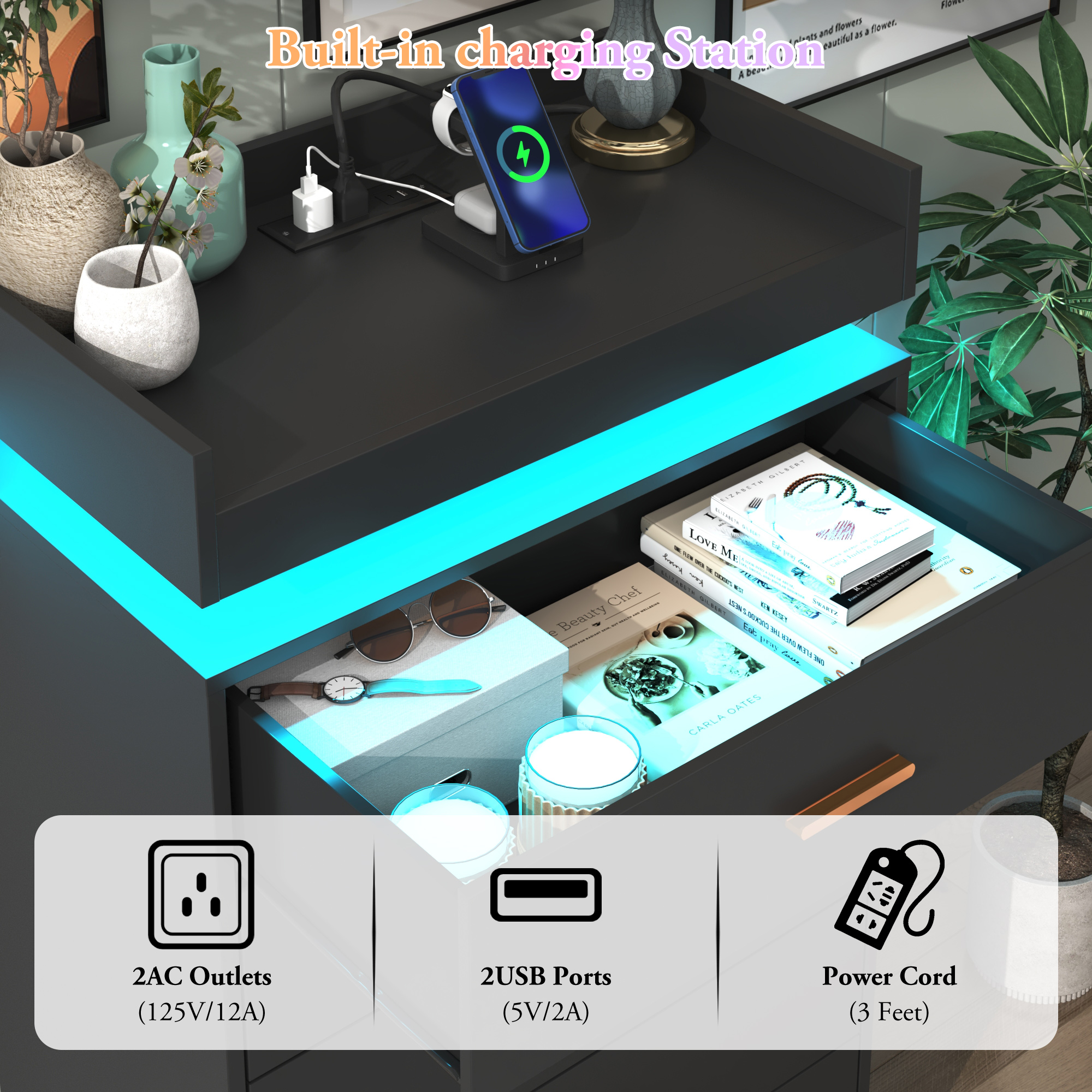 ChVans 5 Drawer Dresser with LED Lights and Charging Station, 45.5" Tall wood Chest of Drawers and Metal Handles, 5 drawers dresser for bedroom, Living Room, Entryway, Hallway