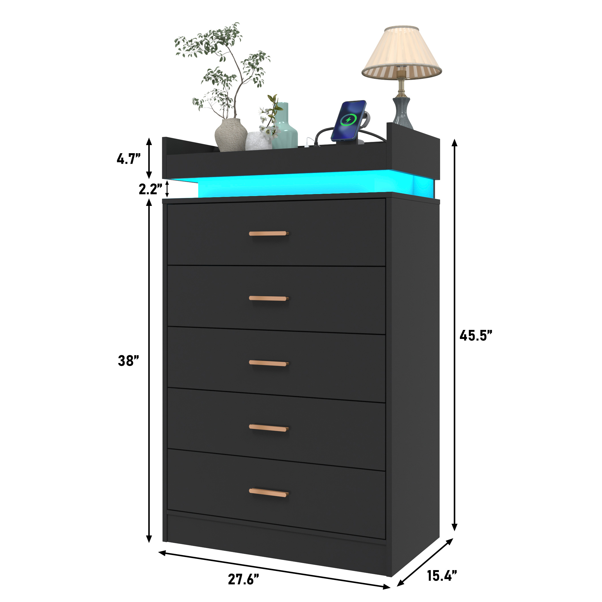 ChVans 5 Drawer Dresser with LED Lights and Charging Station, 45.5" Tall wood Chest of Drawers and Metal Handles, 5 drawers dresser for bedroom, Living Room, Entryway, Hallway