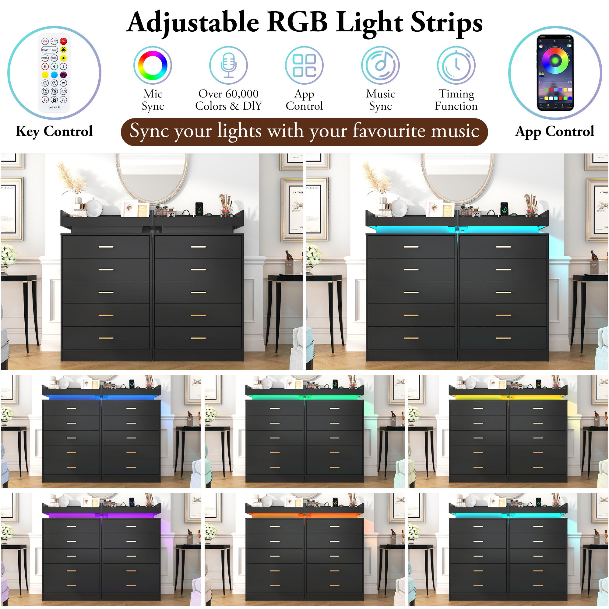 ChVans 5 Drawer Dresser with LED Lights and Charging Station, 45.5" Tall wood Chest of Drawers and Metal Handles, 5 drawers dresser for bedroom, Living Room, Entryway, Hallway