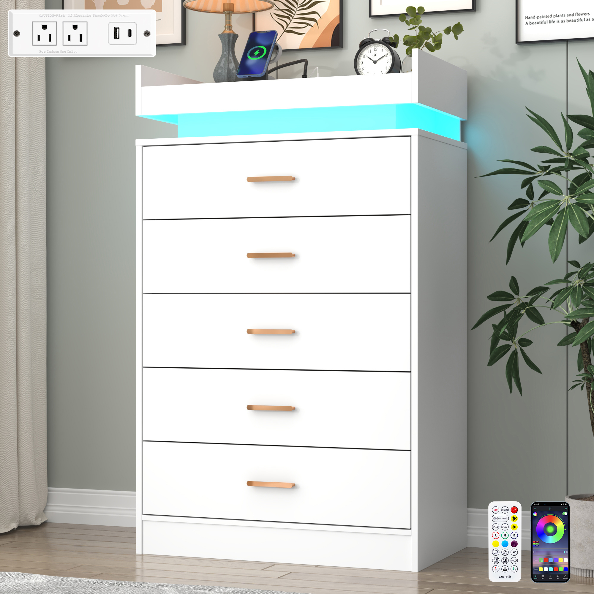 ChVans 5 Drawer Dresser with LED Lights and Charging Station, 45.5" Tall wood Chest of Drawers and Metal Handles, 5 drawers dresser for bedroom, Living Room, Entryway, Hallway