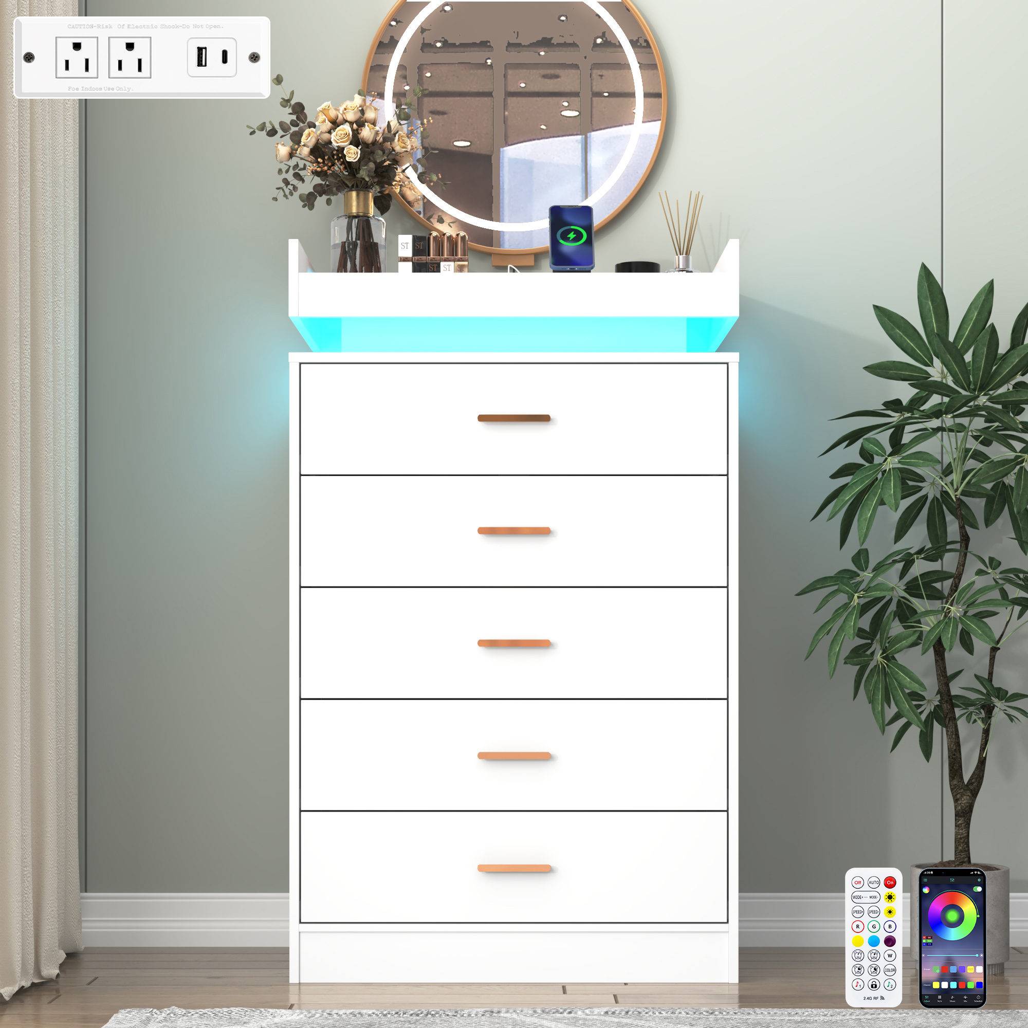 ChVans 5 Drawer Dresser with LED Lights and Charging Station, 45.5" Tall wood Chest of Drawers and Metal Handles, 5 drawers dresser for bedroom, Living Room, Entryway, Hallway