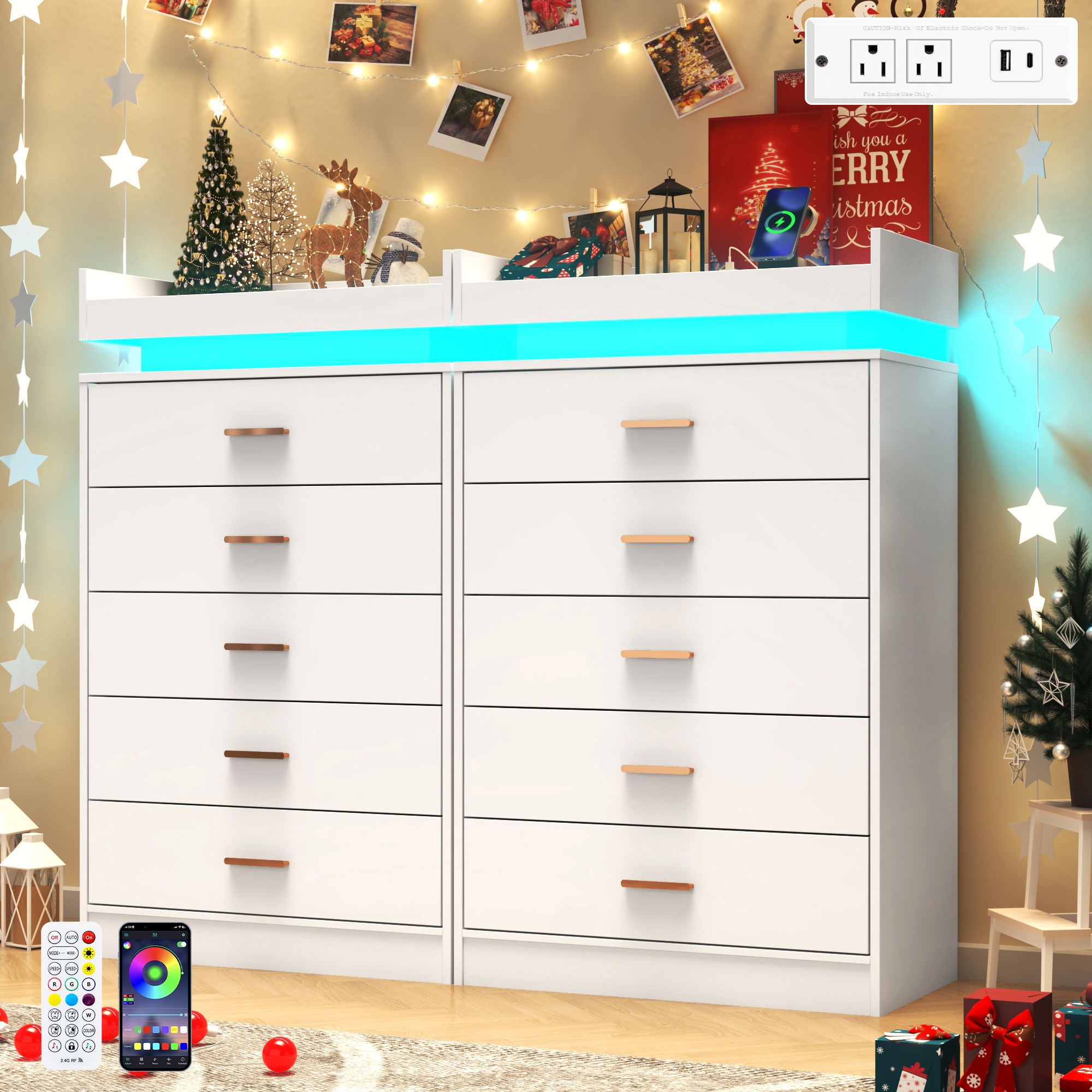 ChVans 5 Drawer Dresser with LED Lights and Charging Station, 45.5" Tall wood Chest of Drawers and Metal Handles, 5 drawers dresser for bedroom, Living Room, Entryway, Hallway