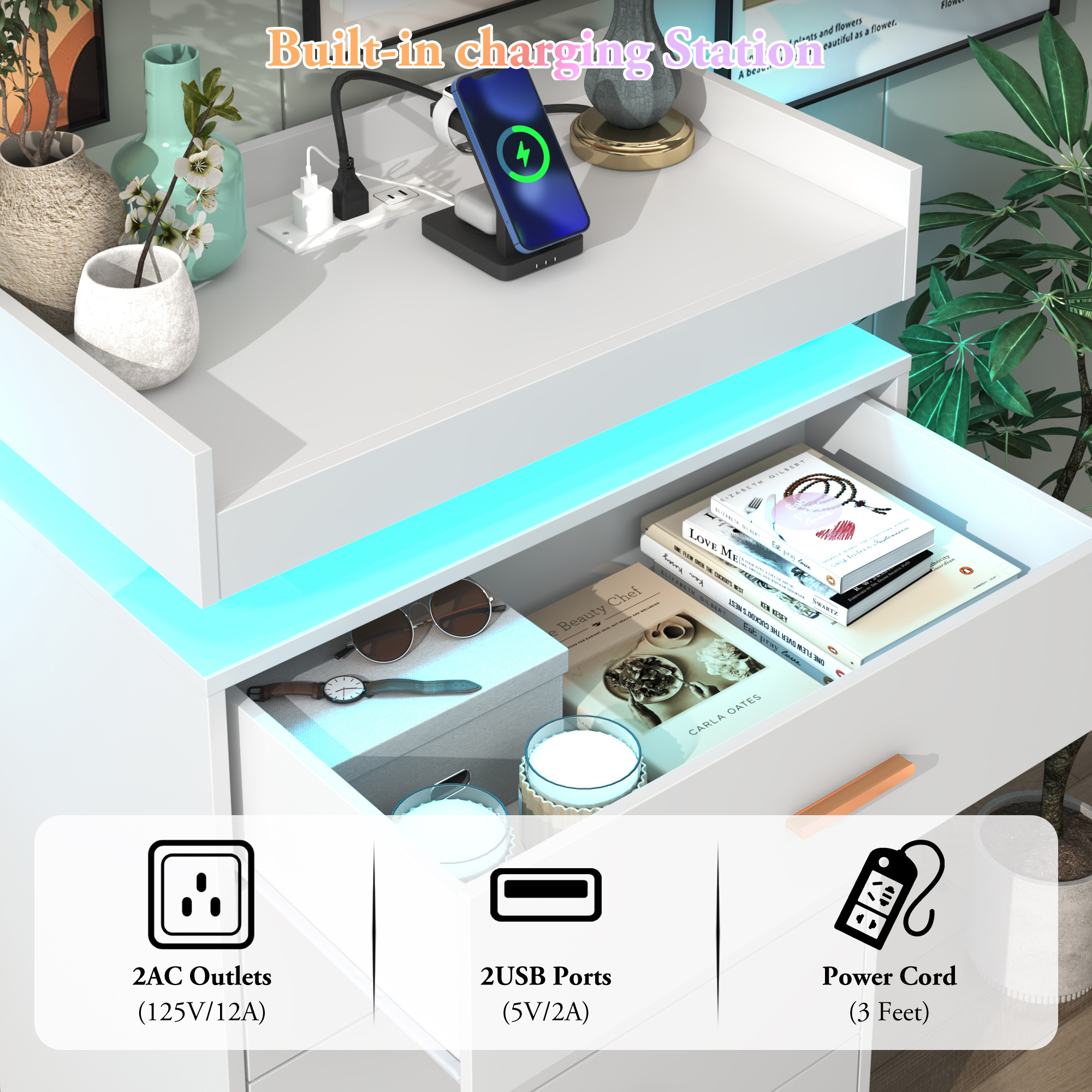 ChVans 5 Drawer Dresser with LED Lights and Charging Station, 45.5" Tall wood Chest of Drawers and Metal Handles, 5 drawers dresser for bedroom, Living Room, Entryway, Hallway