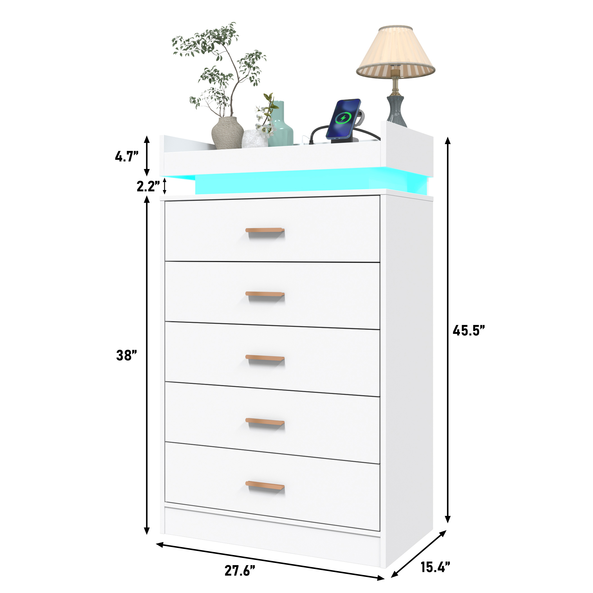 ChVans 5 Drawer Dresser with LED Lights and Charging Station, 45.5" Tall wood Chest of Drawers and Metal Handles, 5 drawers dresser for bedroom, Living Room, Entryway, Hallway