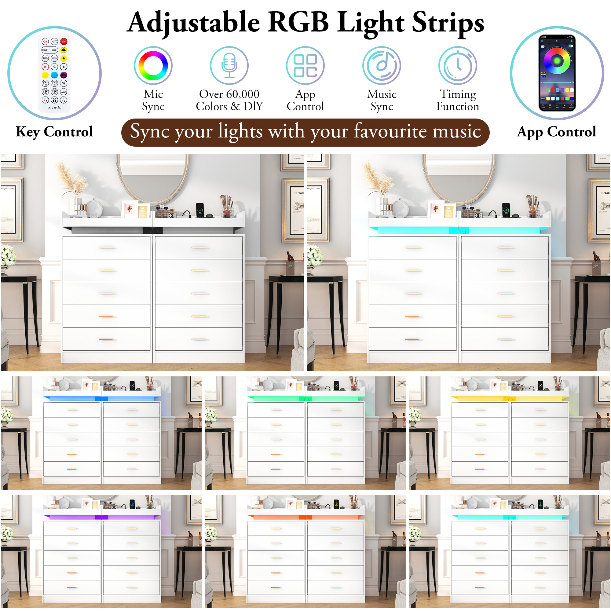 ChVans 5 Drawer Dresser with LED Lights and Charging Station, 45.5" Tall wood Chest of Drawers and Metal Handles, 5 drawers dresser for bedroom, Living Room, Entryway, Hallway