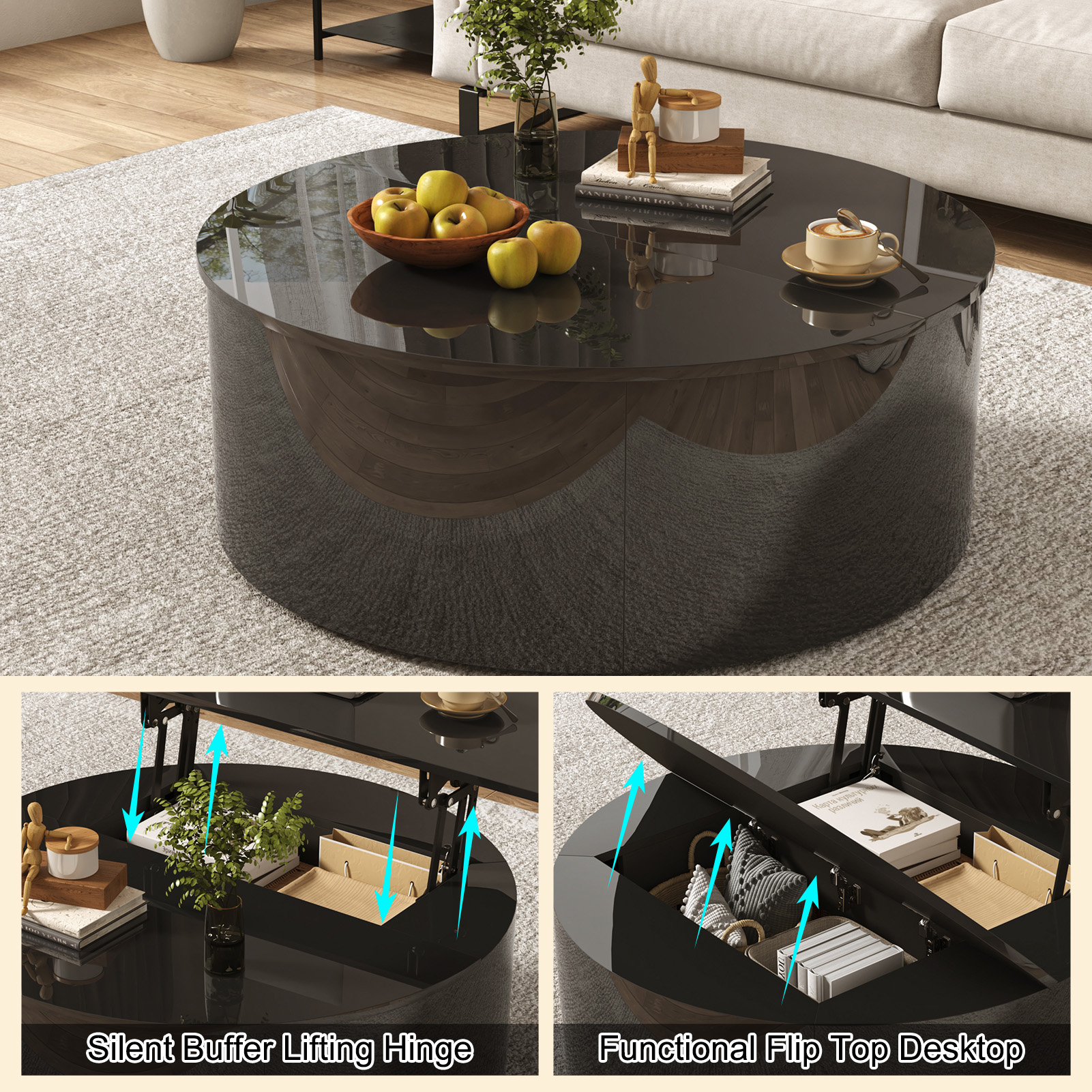 ANPOO Round Lift Top Coffee Table with Storage,Modern High Gloss Coffee Table with Hidden Storage Space,Circular Center Table for Livingroom,Small Space,Small Space,Apartment
