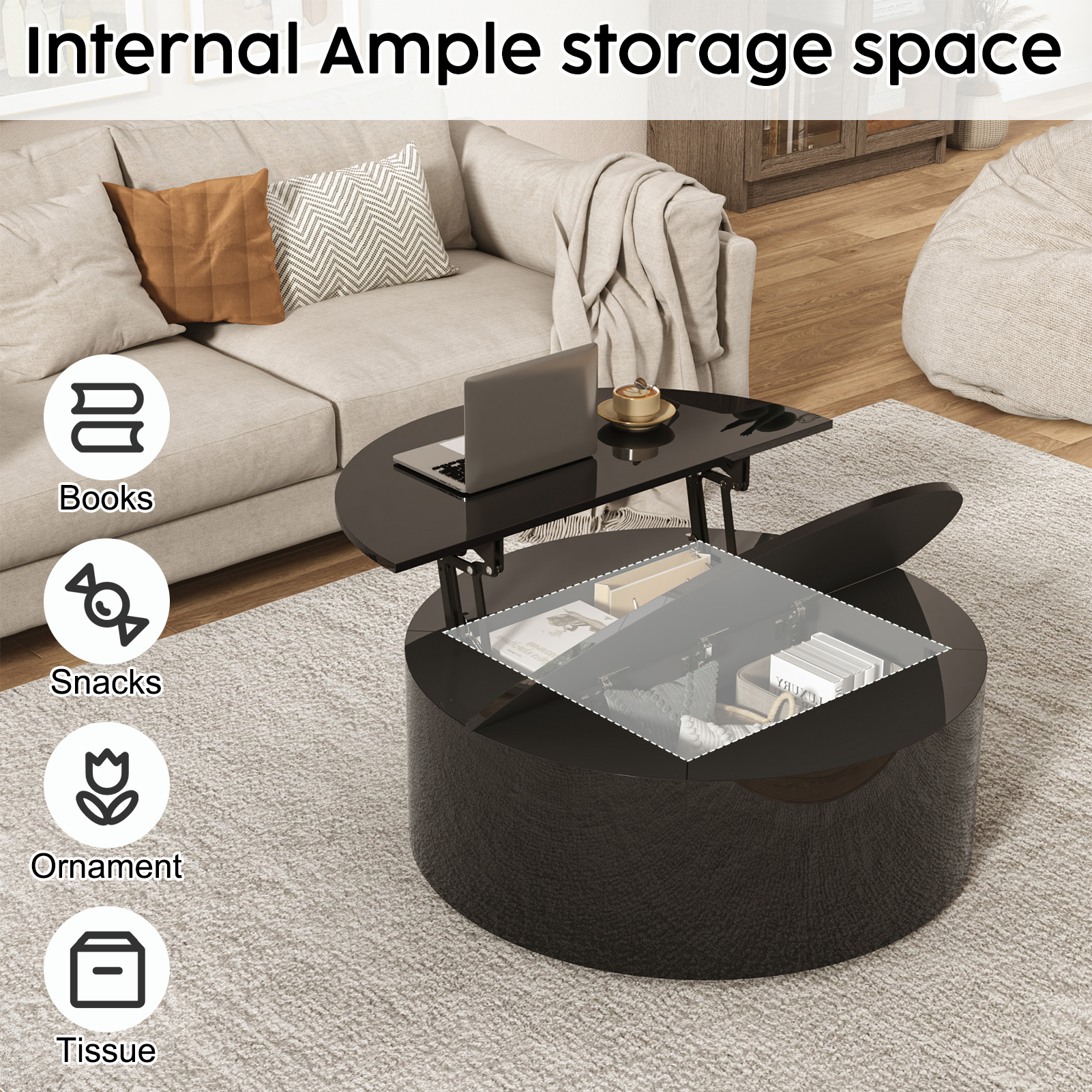 ANPOO Round Lift Top Coffee Table with Storage,Modern High Gloss Coffee Table with Hidden Storage Space,Circular Center Table for Livingroom,Small Space,Small Space,Apartment