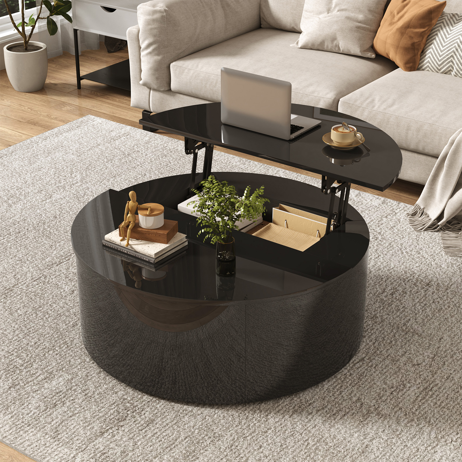 ANPOO Round Lift Top Coffee Table with Storage,Modern High Gloss Coffee Table with Hidden Storage Space,Circular Center Table for Livingroom,Small Space,Small Space,Apartment