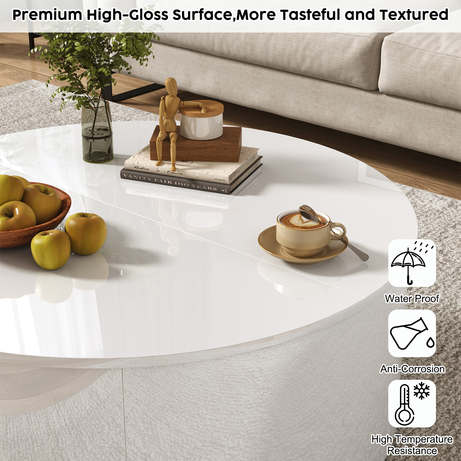 ANPOO Round Lift Top Coffee Table with Storage,Modern High Gloss Coffee Table with Hidden Storage Space,Circular Center Table for Livingroom,Small Space,Small Space,Apartment