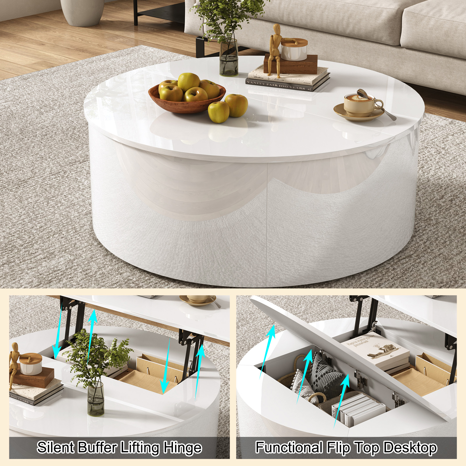 ANPOO Round Lift Top Coffee Table with Storage,Modern High Gloss Coffee Table with Hidden Storage Space,Circular Center Table for Livingroom,Small Space,Small Space,Apartment