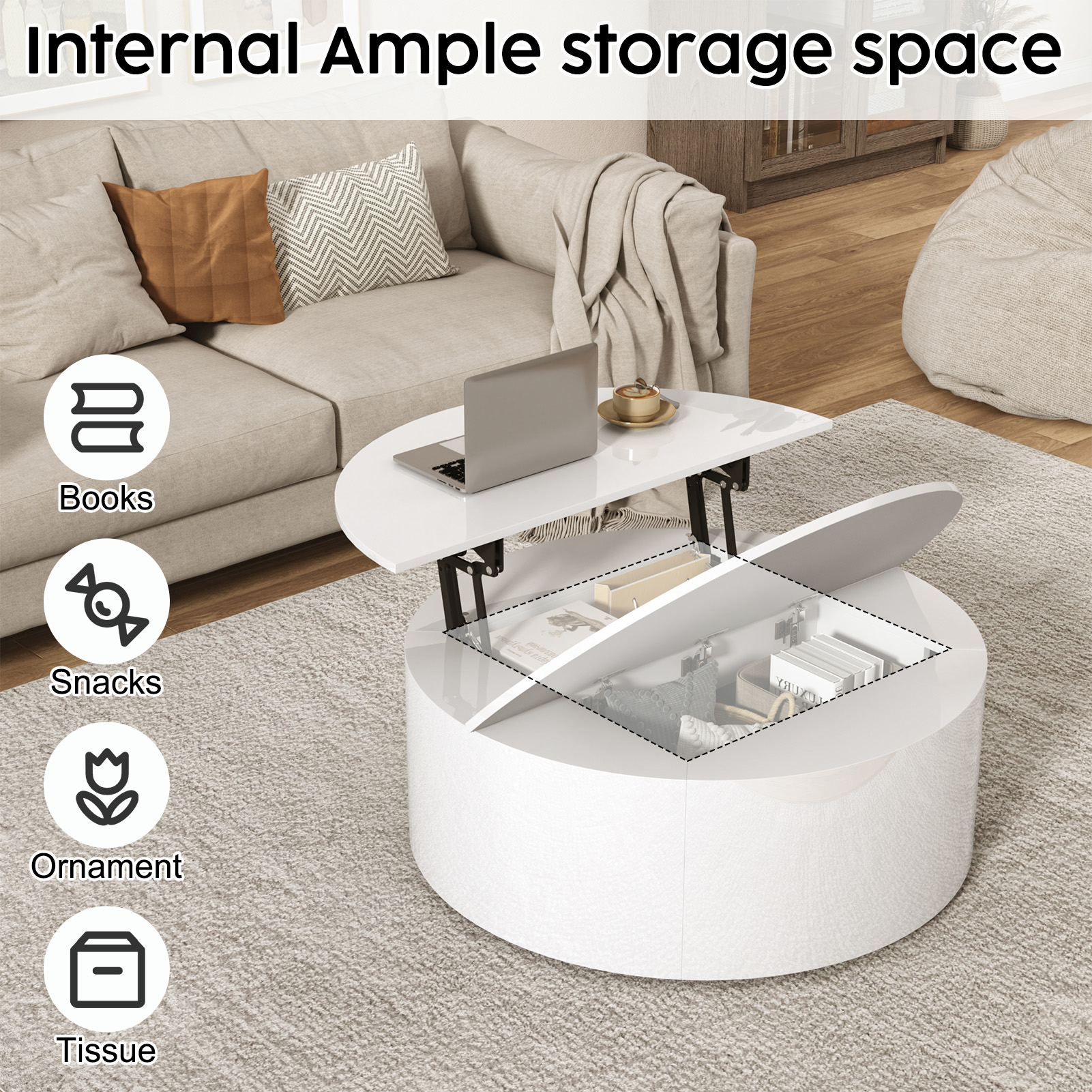 ANPOO Round Lift Top Coffee Table with Storage,Modern High Gloss Coffee Table with Hidden Storage Space,Circular Center Table for Livingroom,Small Space,Small Space,Apartment