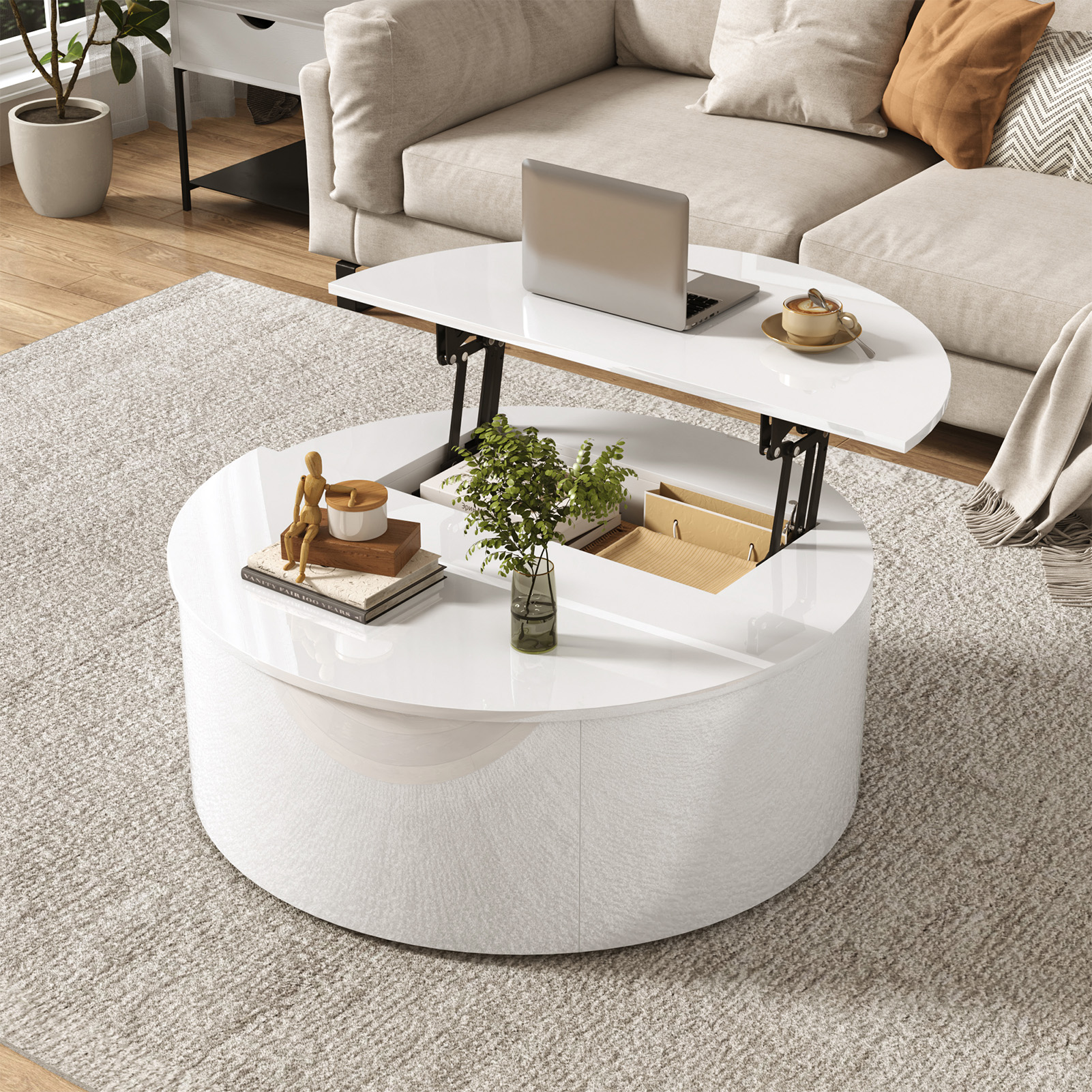 ANPOO Round Lift Top Coffee Table with Storage,Modern High Gloss Coffee Table with Hidden Storage Space,Circular Center Table for Livingroom,Small Space,Small Space,Apartment