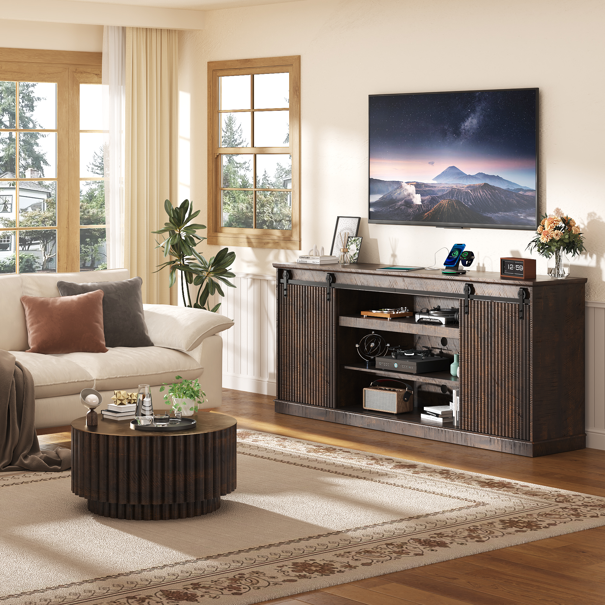 Fluted TV Stand with Power Outlet, 74.8''Farmhouse Entertainment Center for 80''TV, Rustic Sliding Barn Door TV Console with Open&Closed Storage, Wood TV Cabinet & Buffet Table for Living Room