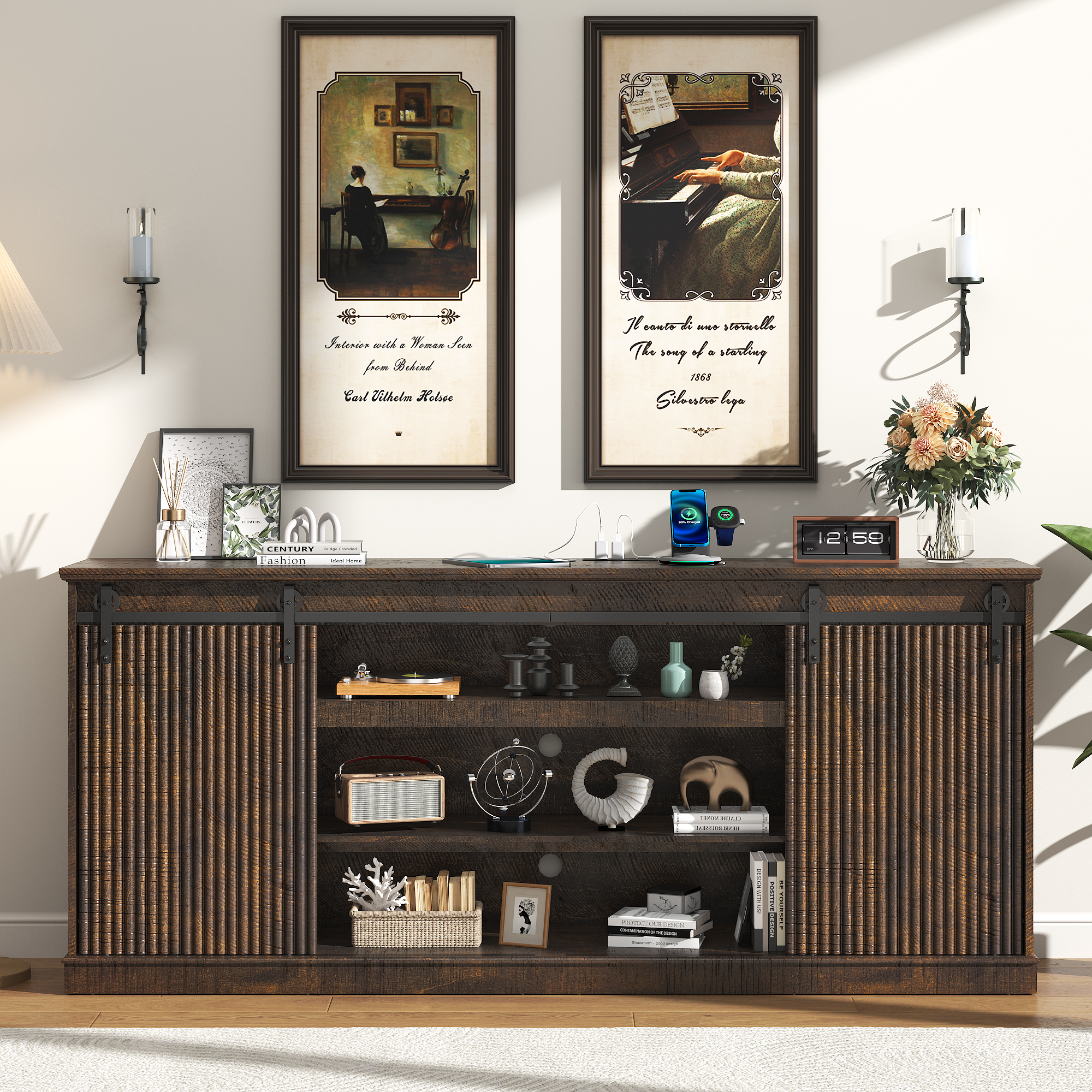 Fluted TV Stand with Power Outlet, 74.8''Farmhouse Entertainment Center for 80''TV, Rustic Sliding Barn Door TV Console with Open&Closed Storage, Wood TV Cabinet & Buffet Table for Living Room