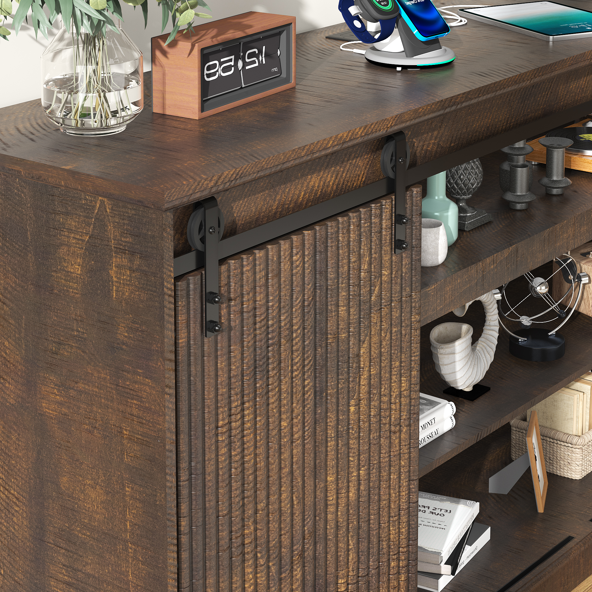 Fluted TV Stand with Power Outlet, 74.8''Farmhouse Entertainment Center for 80''TV, Rustic Sliding Barn Door TV Console with Open&Closed Storage, Wood TV Cabinet & Buffet Table for Living Room