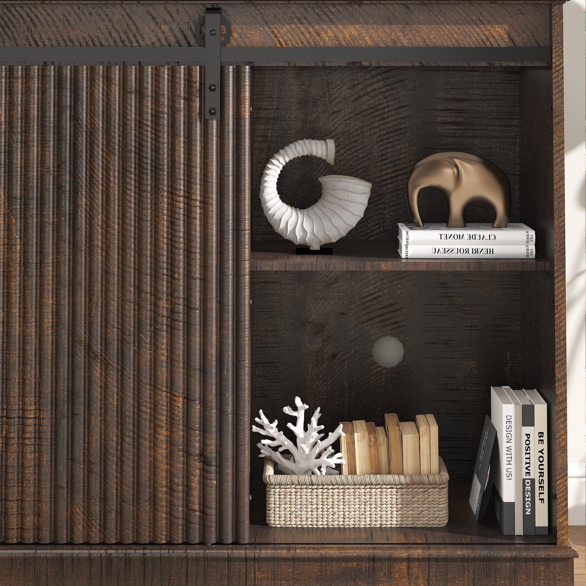 Fluted TV Stand with Power Outlet, 74.8''Farmhouse Entertainment Center for 80''TV, Rustic Sliding Barn Door TV Console with Open&Closed Storage, Wood TV Cabinet & Buffet Table for Living Room