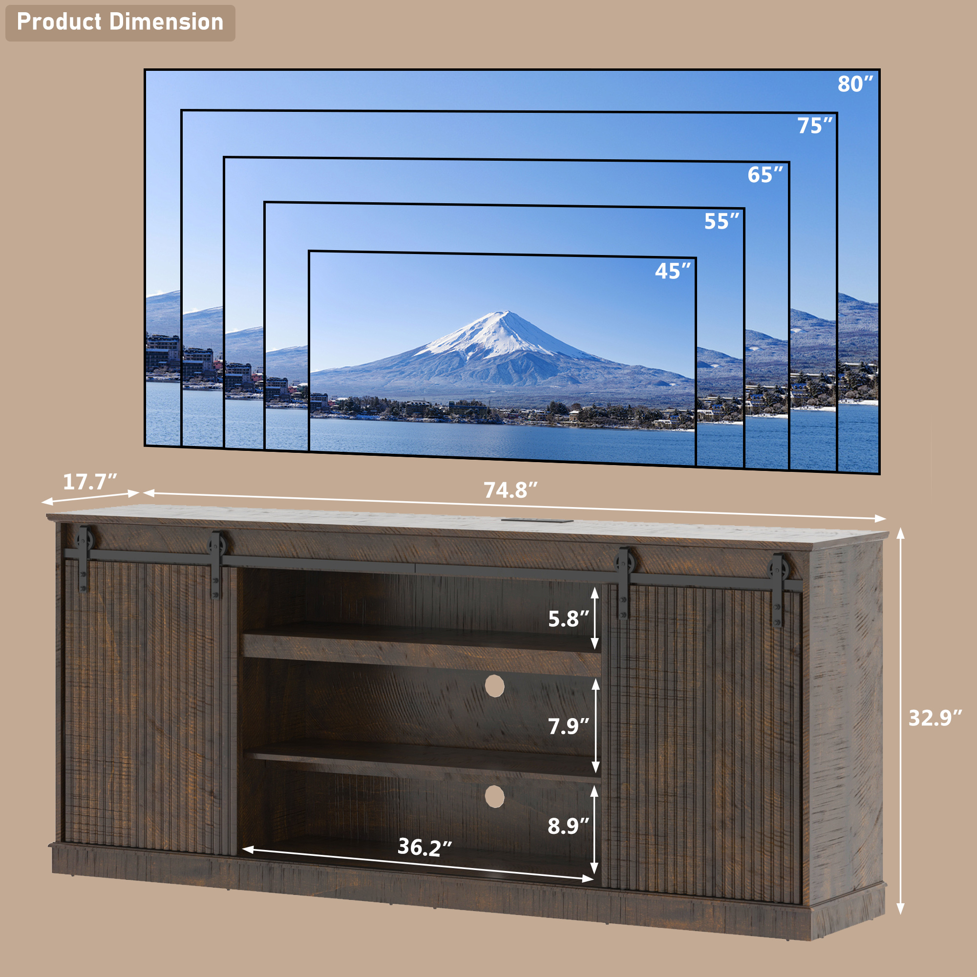 Fluted TV Stand with Power Outlet, 74.8''Farmhouse Entertainment Center for 80''TV, Rustic Sliding Barn Door TV Console with Open&Closed Storage, Wood TV Cabinet & Buffet Table for Living Room