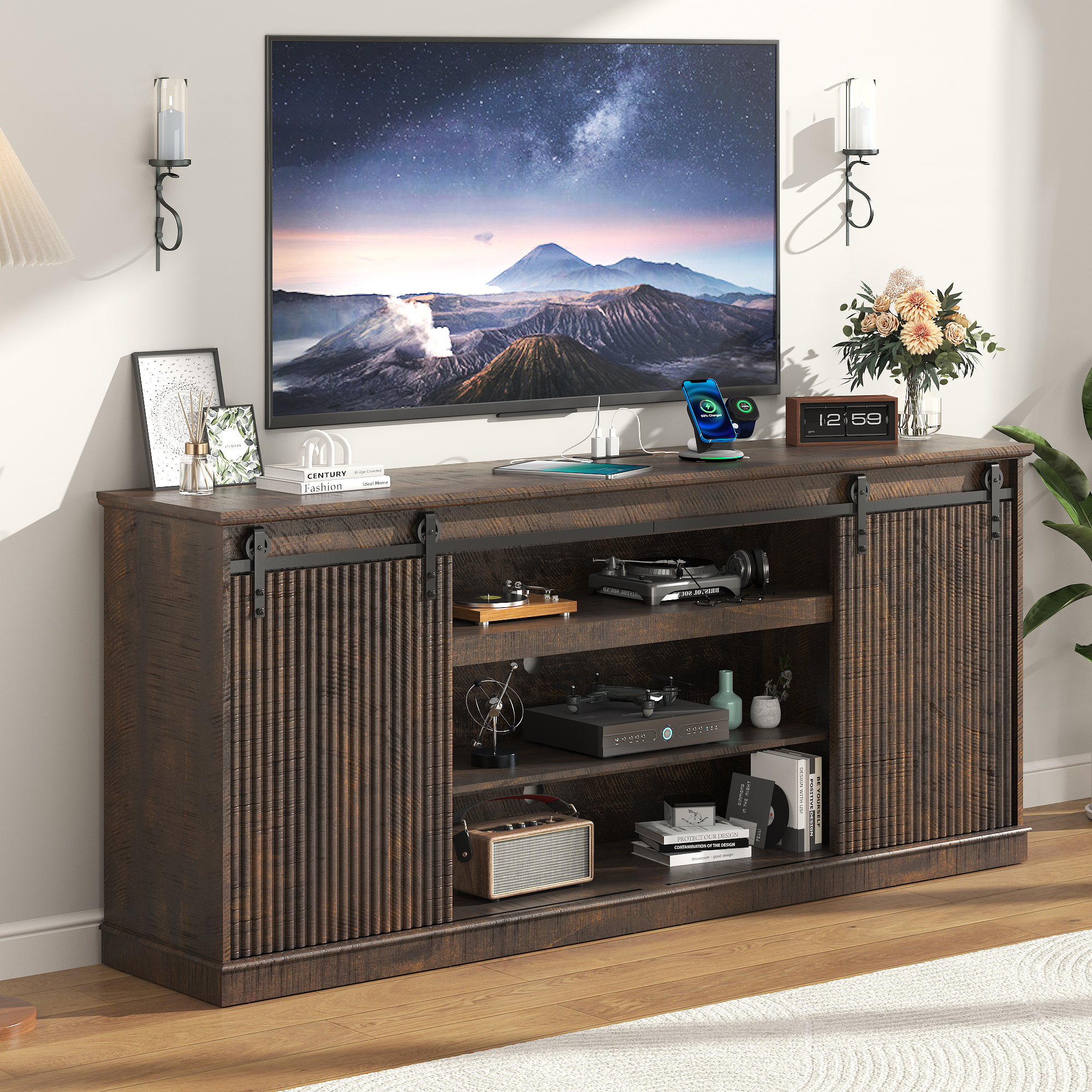 Fluted TV Stand with Power Outlet, 74.8''Farmhouse Entertainment Center for 80''TV, Rustic Sliding Barn Door TV Console with Open&Closed Storage, Wood TV Cabinet & Buffet Table for Living Room