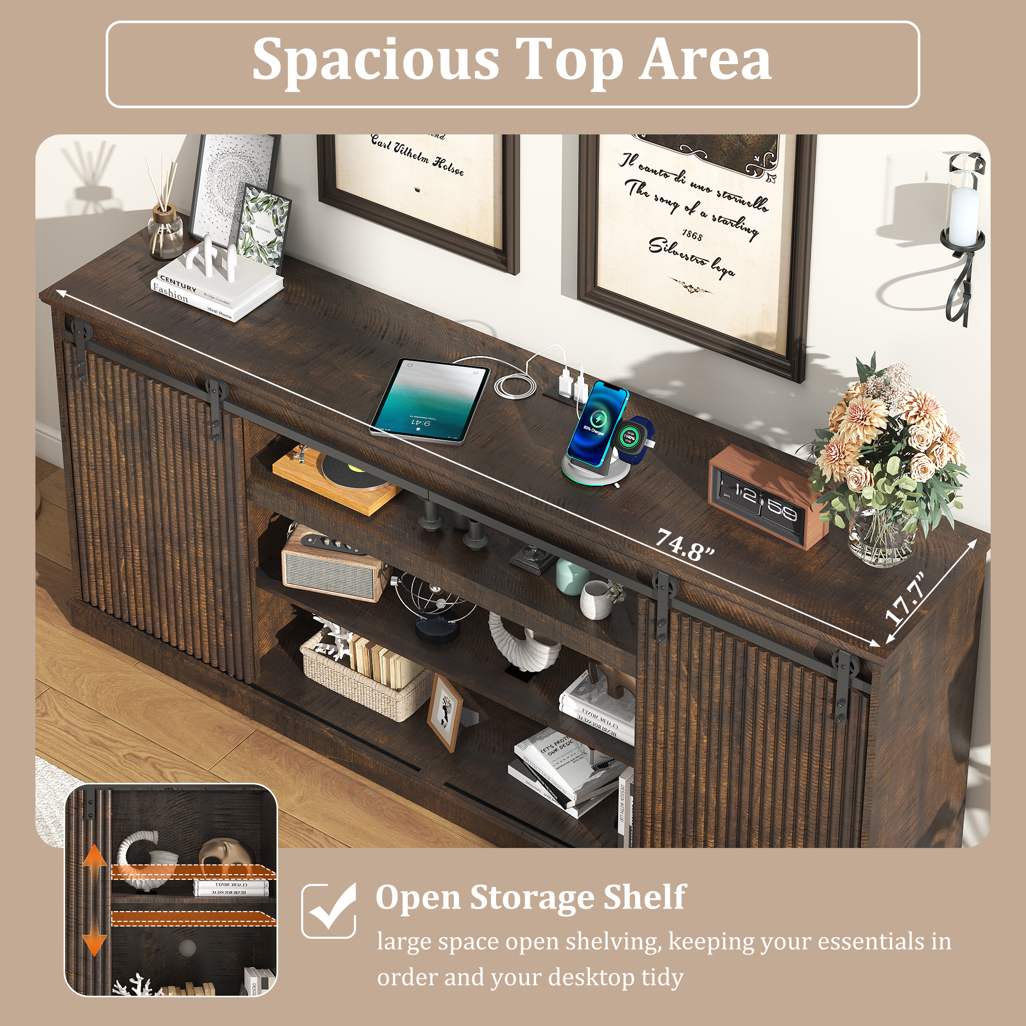 Fluted TV Stand with Power Outlet, 74.8''Farmhouse Entertainment Center for 80''TV, Rustic Sliding Barn Door TV Console with Open&Closed Storage, Wood TV Cabinet & Buffet Table for Living Room