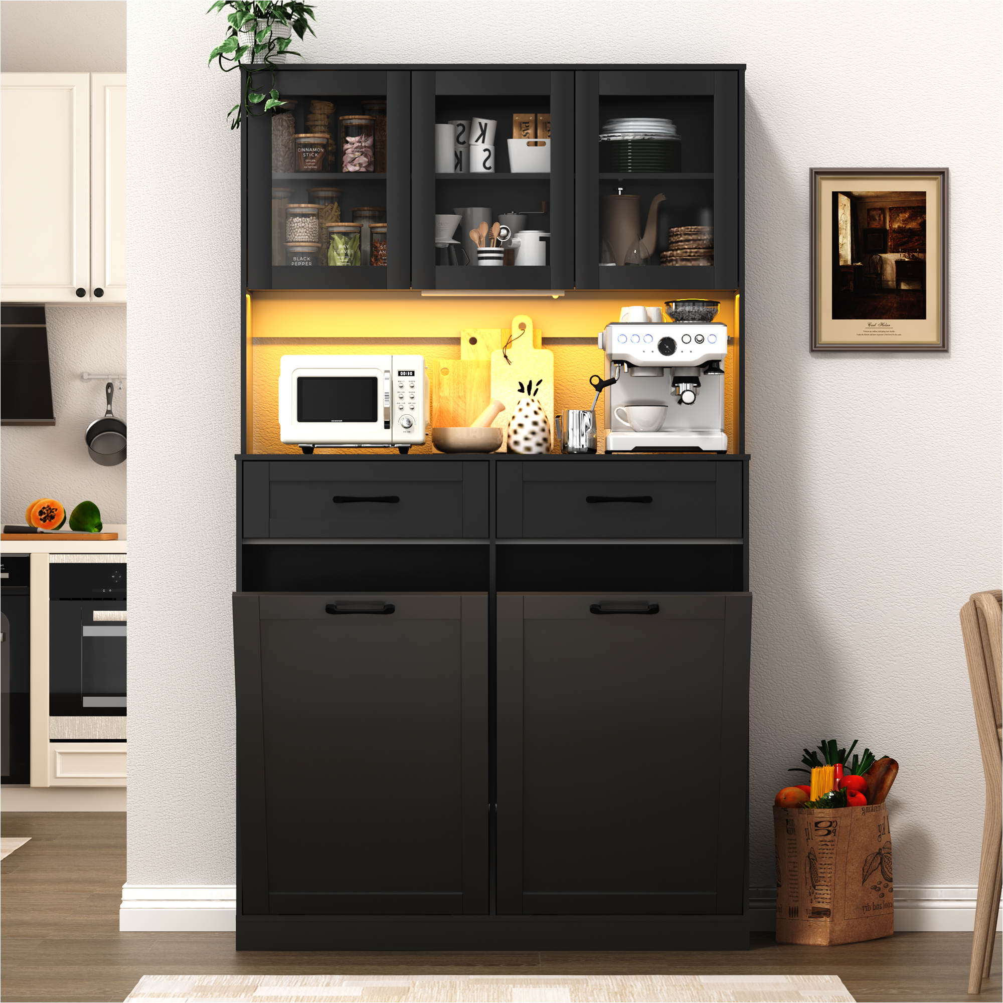 ANPOO 72.1"H Kitchen Pantry Storage Cabinet with Power Outlets & LED light, Kitchen Double Tilt Out Trash Cabinet 13X2 Gallon Garbage Holder with Two Drawers, Freestand Laundry Sort Cabinets
