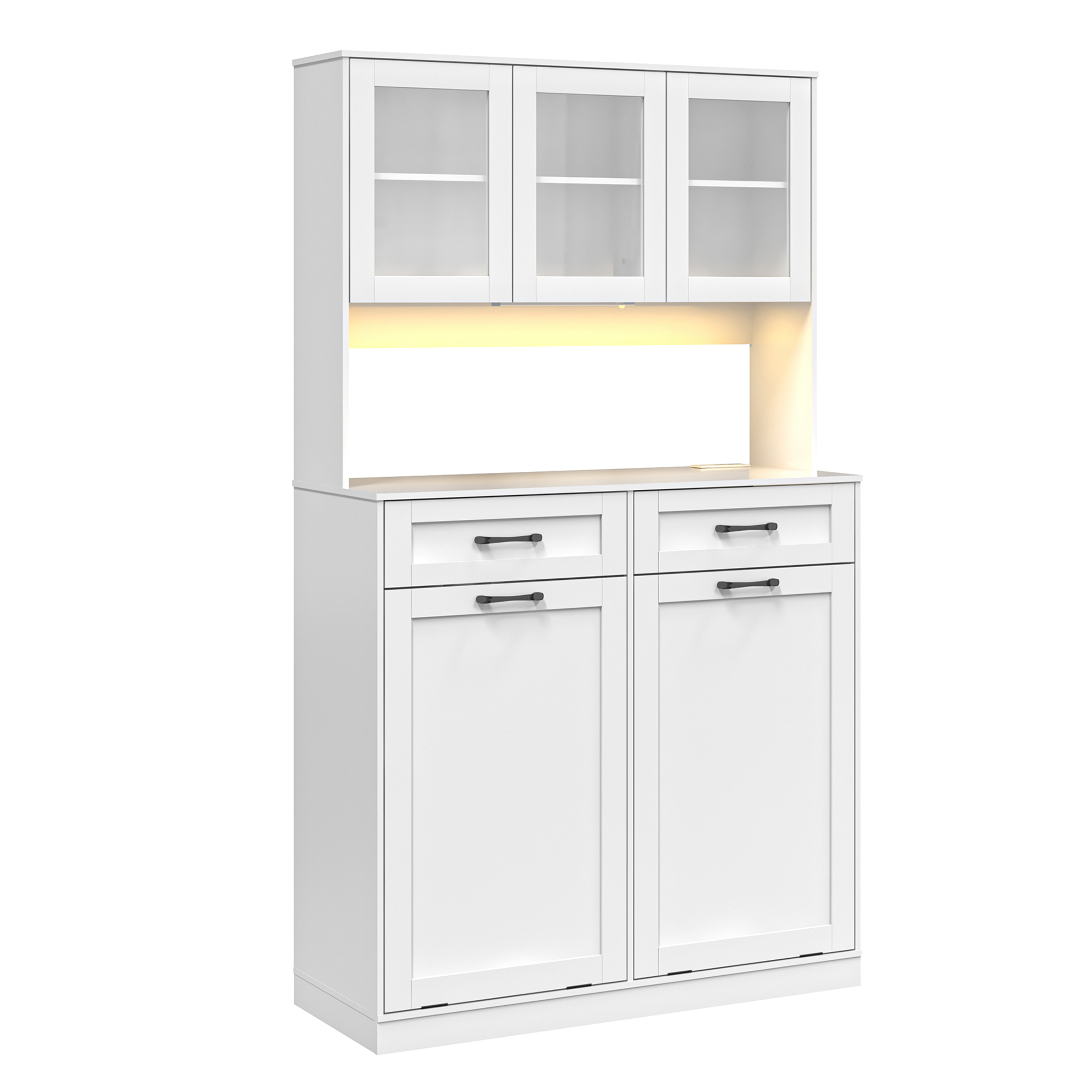 ANPOO 72.1"H Kitchen Pantry Storage Cabinet with Power Outlets & LED light, Kitchen Double Tilt Out Trash Cabinet 13X2 Gallon Garbage Holder with Two Drawers, Freestand Laundry Sort Cabinets
