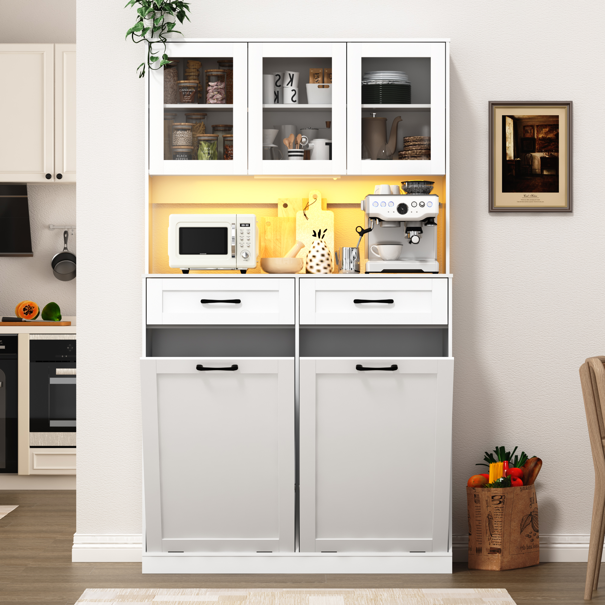 ANPOO 72.1"H Kitchen Pantry Storage Cabinet with Power Outlets & LED light, Kitchen Double Tilt Out Trash Cabinet 13X2 Gallon Garbage Holder with Two Drawers, Freestand Laundry Sort Cabinets