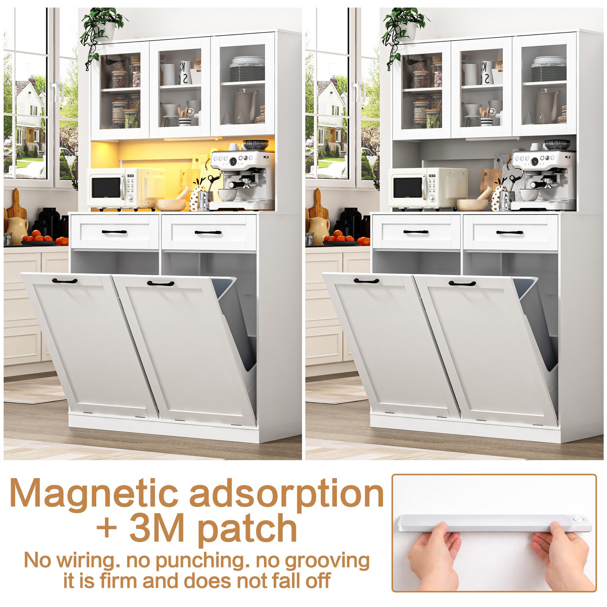 ANPOO 72.1"H Kitchen Pantry Storage Cabinet with Power Outlets & LED light, Kitchen Double Tilt Out Trash Cabinet 13X2 Gallon Garbage Holder with Two Drawers, Freestand Laundry Sort Cabinets