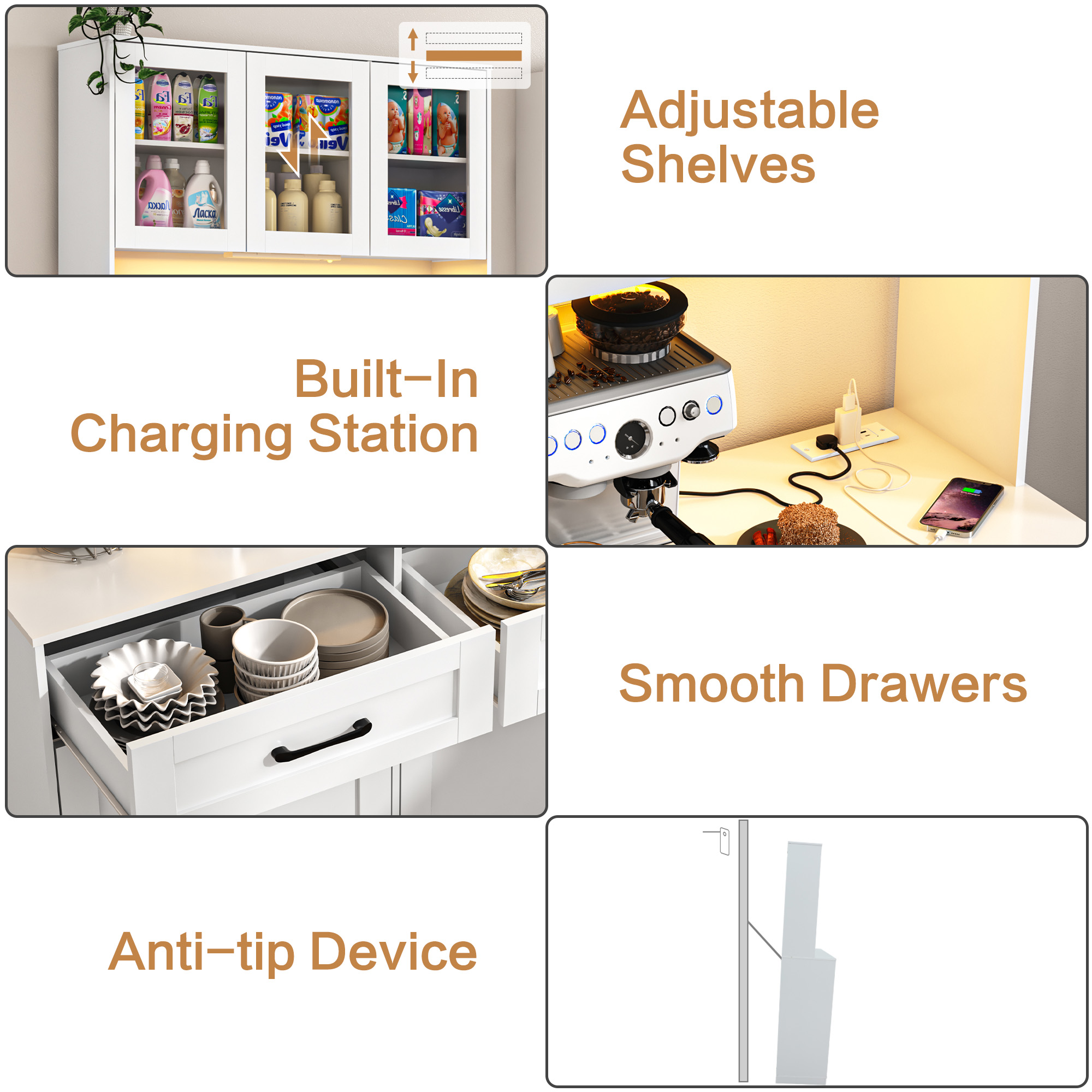 ANPOO 72.1"H Kitchen Pantry Storage Cabinet with Power Outlets & LED light, Kitchen Double Tilt Out Trash Cabinet 13X2 Gallon Garbage Holder with Two Drawers, Freestand Laundry Sort Cabinets