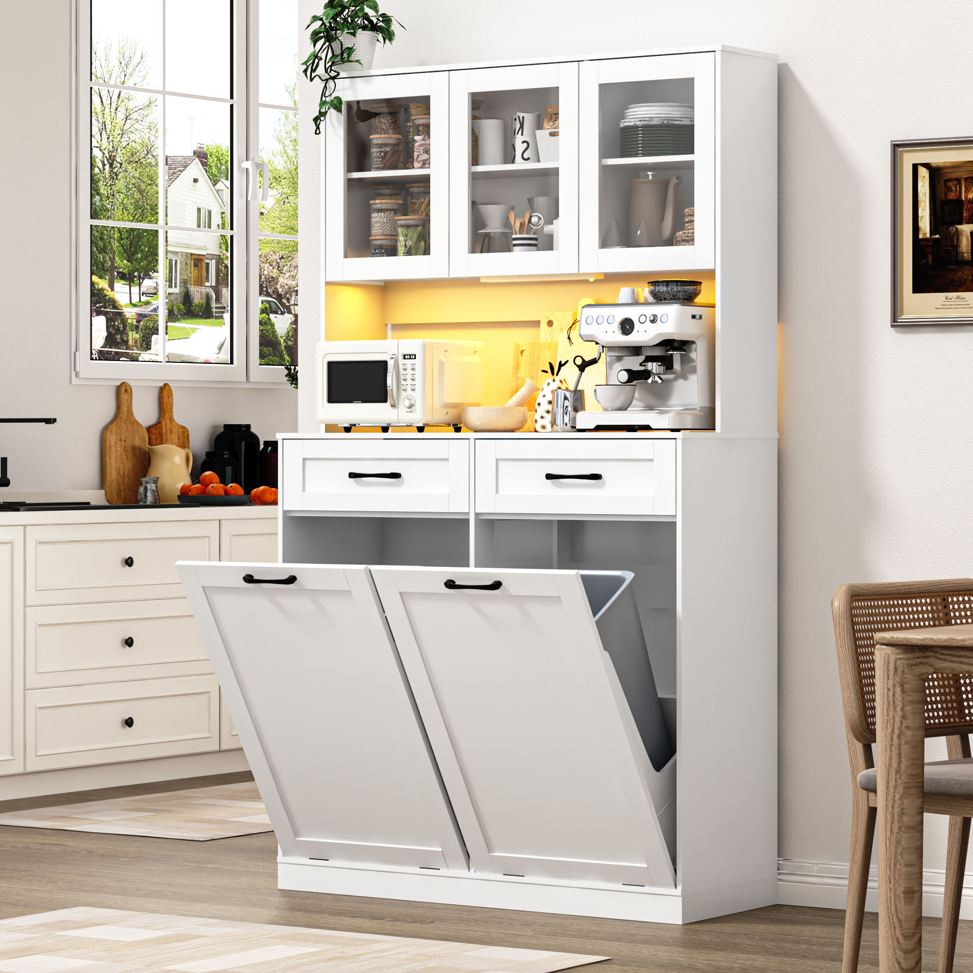 ANPOO 72.1"H Kitchen Pantry Storage Cabinet with Power Outlets & LED light, Kitchen Double Tilt Out Trash Cabinet 13X2 Gallon Garbage Holder with Two Drawers, Freestand Laundry Sort Cabinets